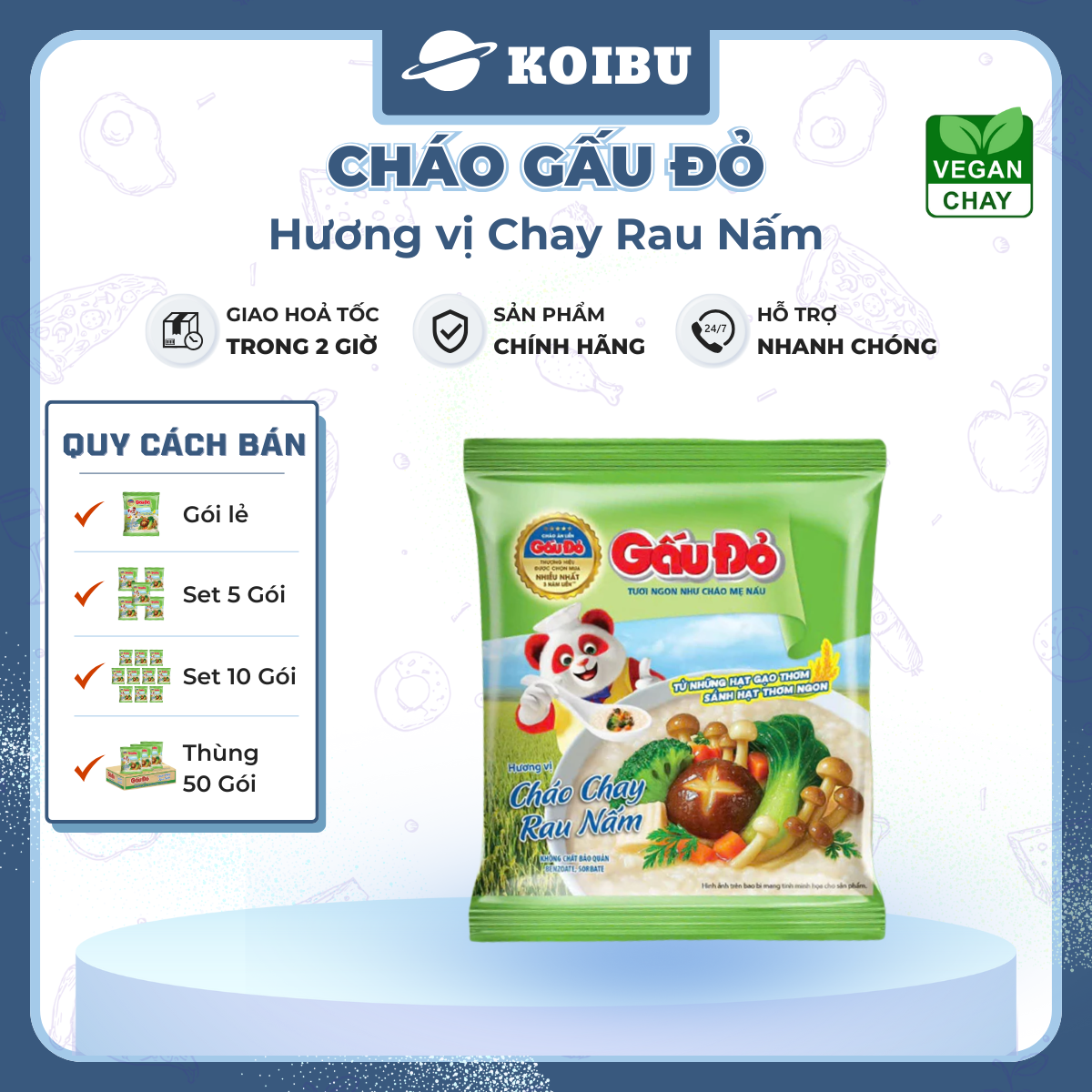 ASIAFOODS - Cháo Gấu Đỏ hương vị Chay rau nấm, Cháo Gấu Đỏ chay rau nấm, Cháo chay Gấu Đỏ rau nấm - 50g/gói - 00848
