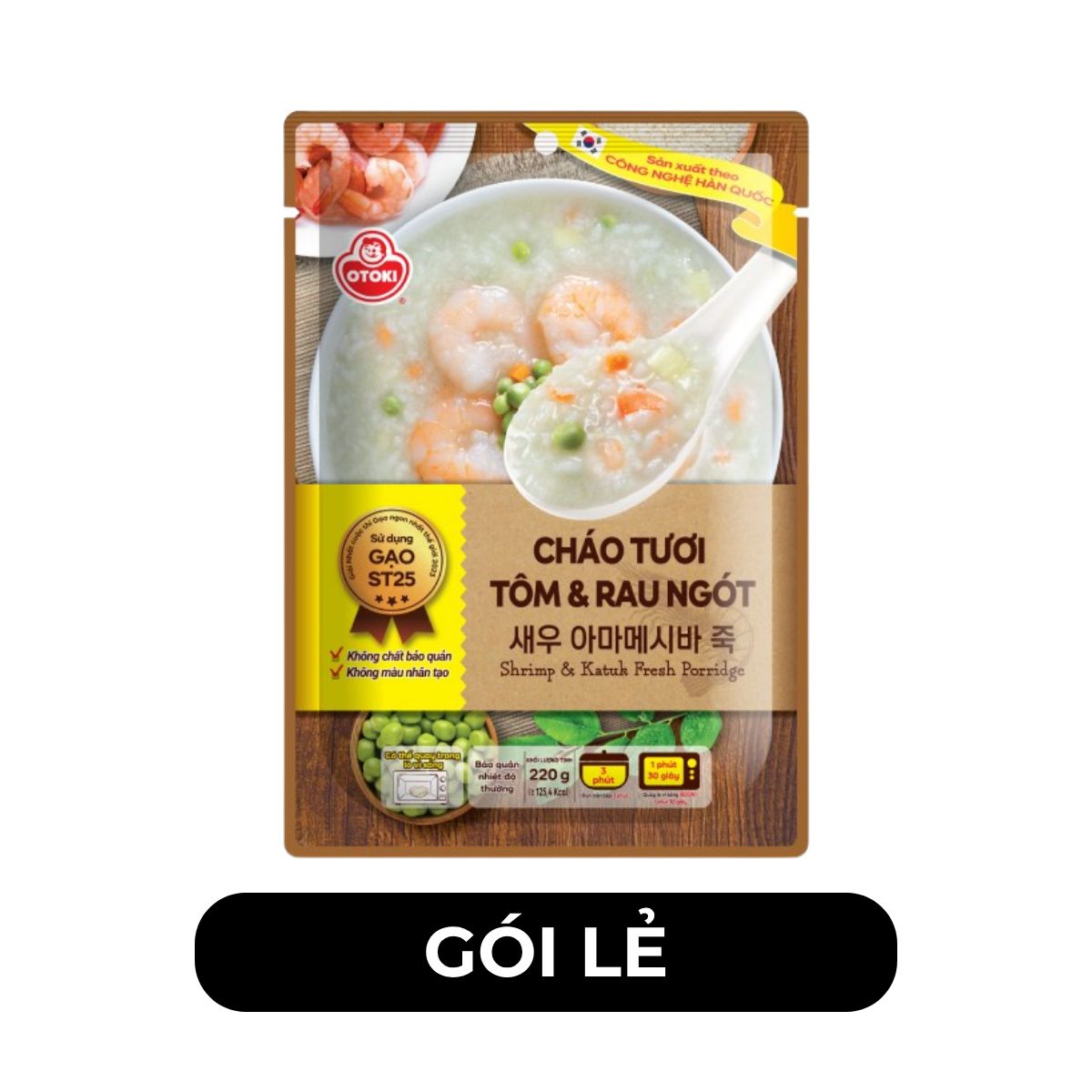 OTOKI - Cháo tươi Otoki hương vị Tôm & rau ngót, Cháo tươi Ottogi Hàn Quốc, Cháo Otoki ăn liền - 220g/gói - 00142