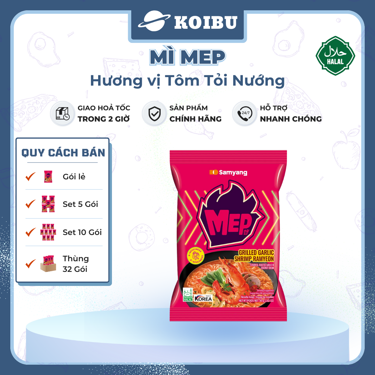 SAMYANG - Mì MEP hương vị Tôm tỏi nướng, Mì Samyang tôm tỏi nướng, Mì ăn liền Samyang MEP Hàn Quốc - 80g/gói - 00856