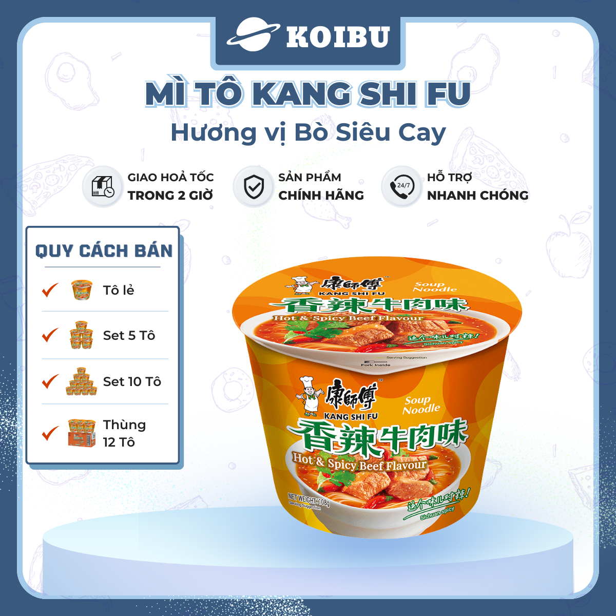 KANG SHI FU - Mì tô Kang Shi Fu hương vị Bò siêu cay, Mì Kang Shi Fu ăn liền, Mì ăn liền Trung Hoa - 108g/tô - 00590
