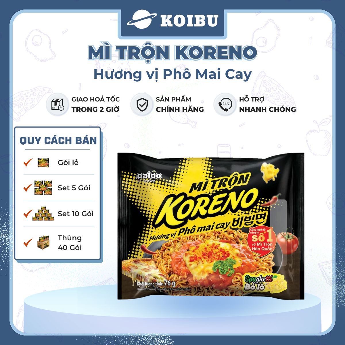PALDO - Mì trộn Koreno hương vị Phô mai cay, Koreno Mì trộn Phô mai cay Koreno, Mì Koreno Hàn Quốc (73g/gói) - 00838