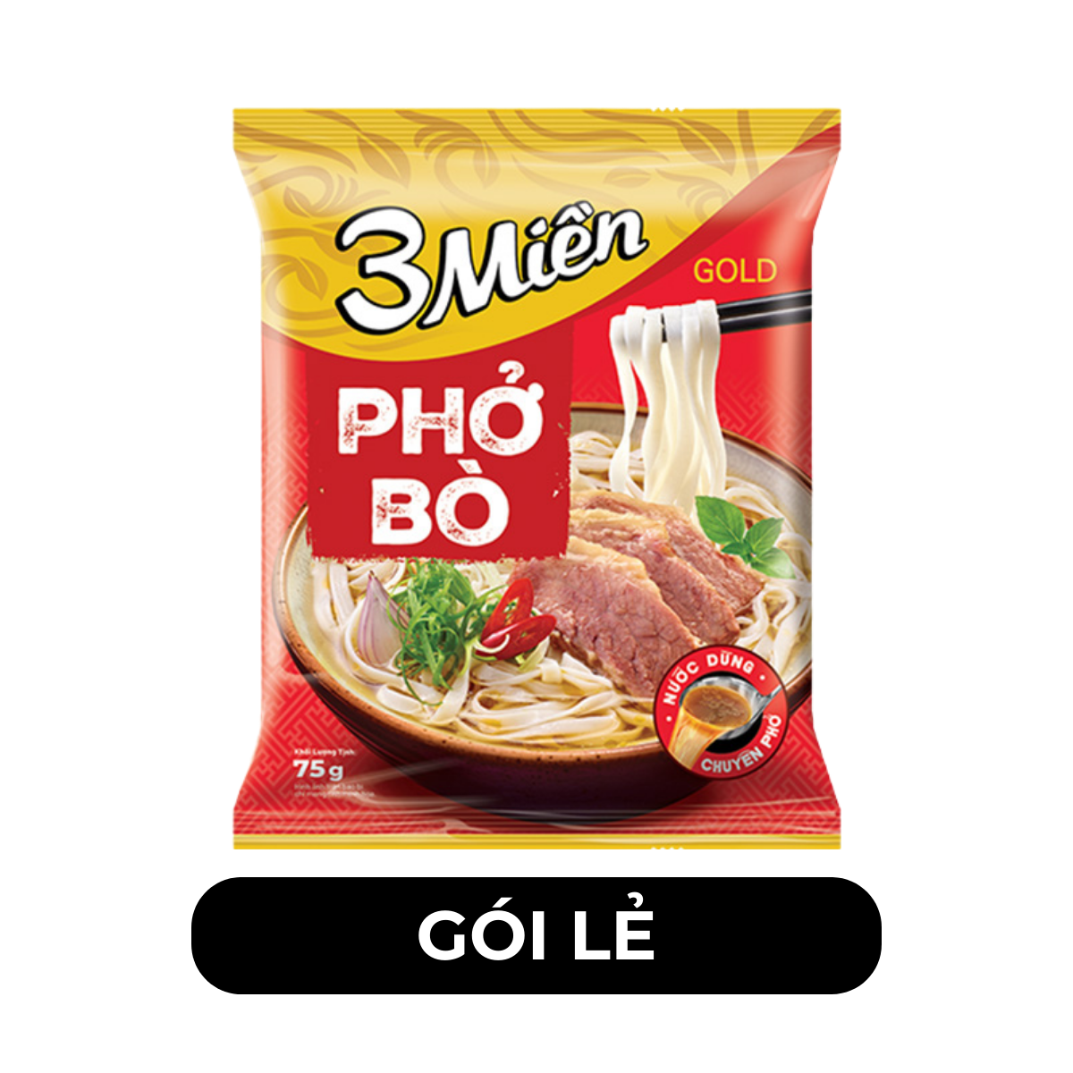 UNIBEN - Phở 3 Miền Gold hương vị Bò, Phở bò 3 Miền Gold, Phở thịt bò 3 Miền Gold phở ăn liền - 75g/gói  - 00362