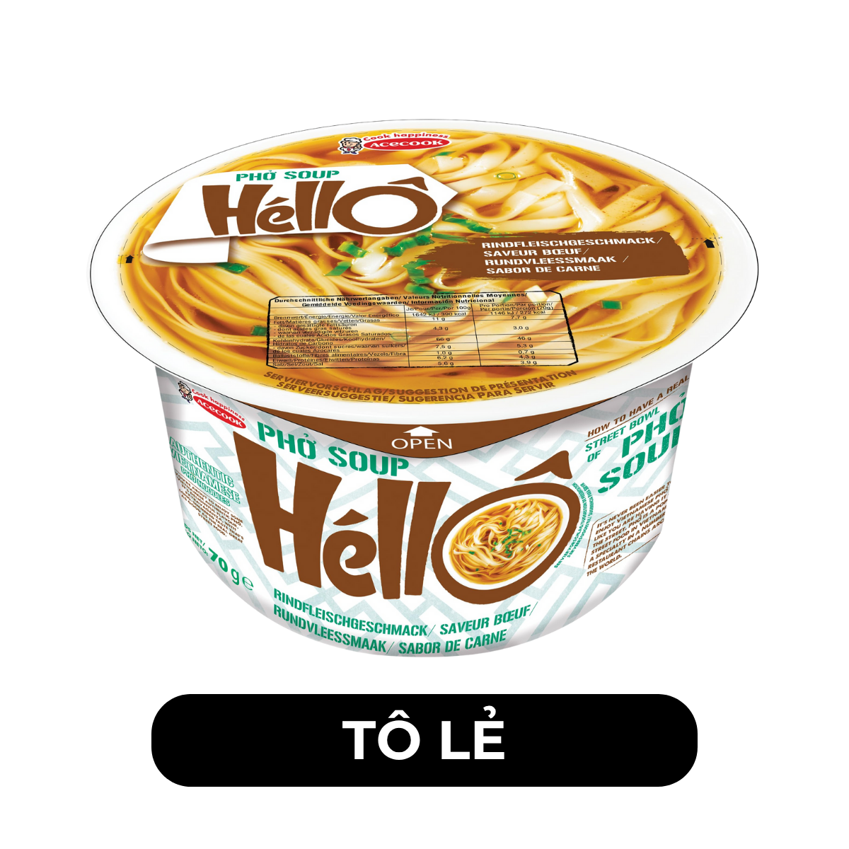 ACECOOK - Phở tô Soup Héllô hương vị Bò, Phở bò tô Soup Hello Acecook ăn liền, Phở bò Acecook ăn liền - 70g/tô - 00707