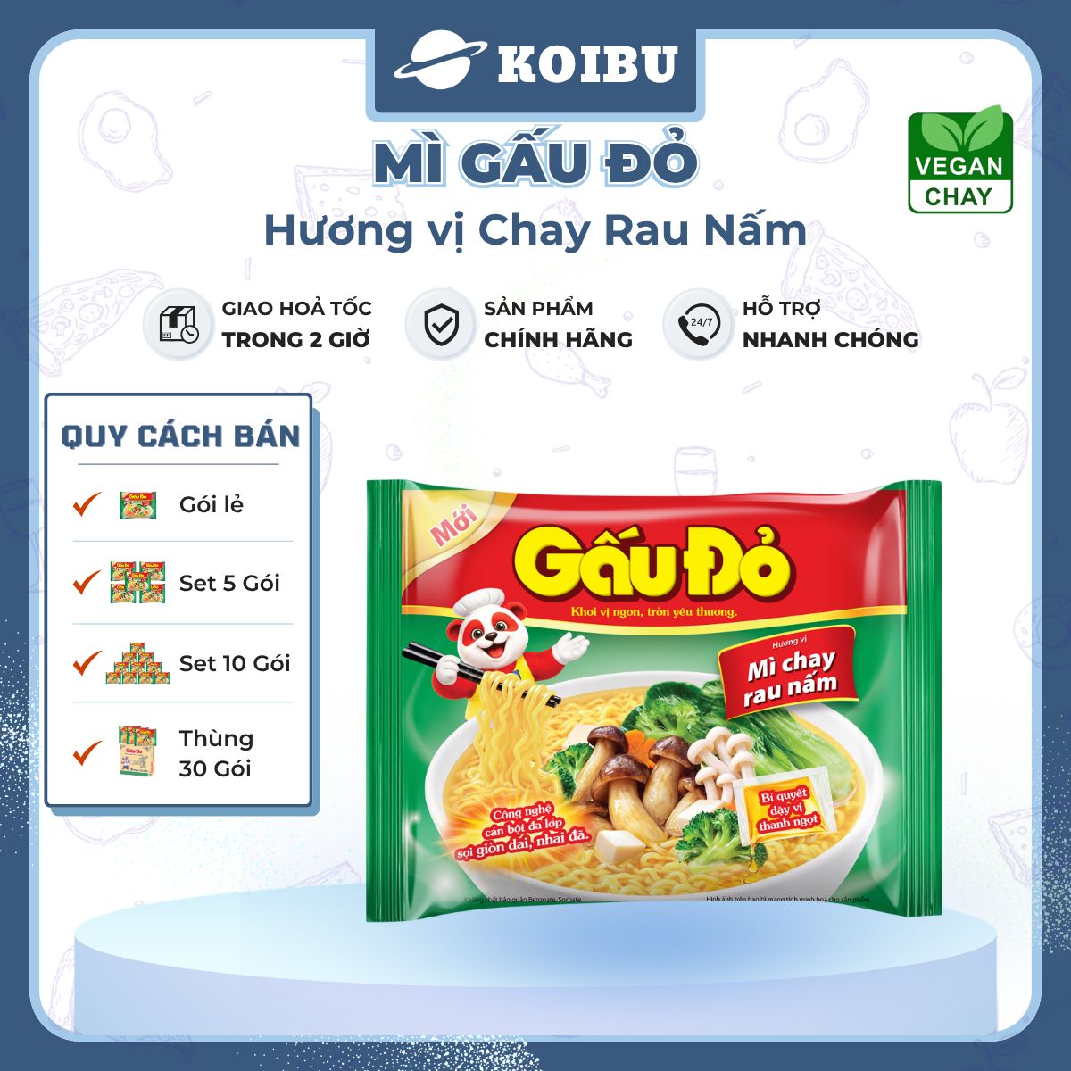 ASIAFOODS - Mì Gấu Đỏ hương vị Chay rau nấm, Mì Chay rau nấm Gấu Đỏ, Mì gói Gấu Đỏ Chay rau nấm - 60g/gói - 00324