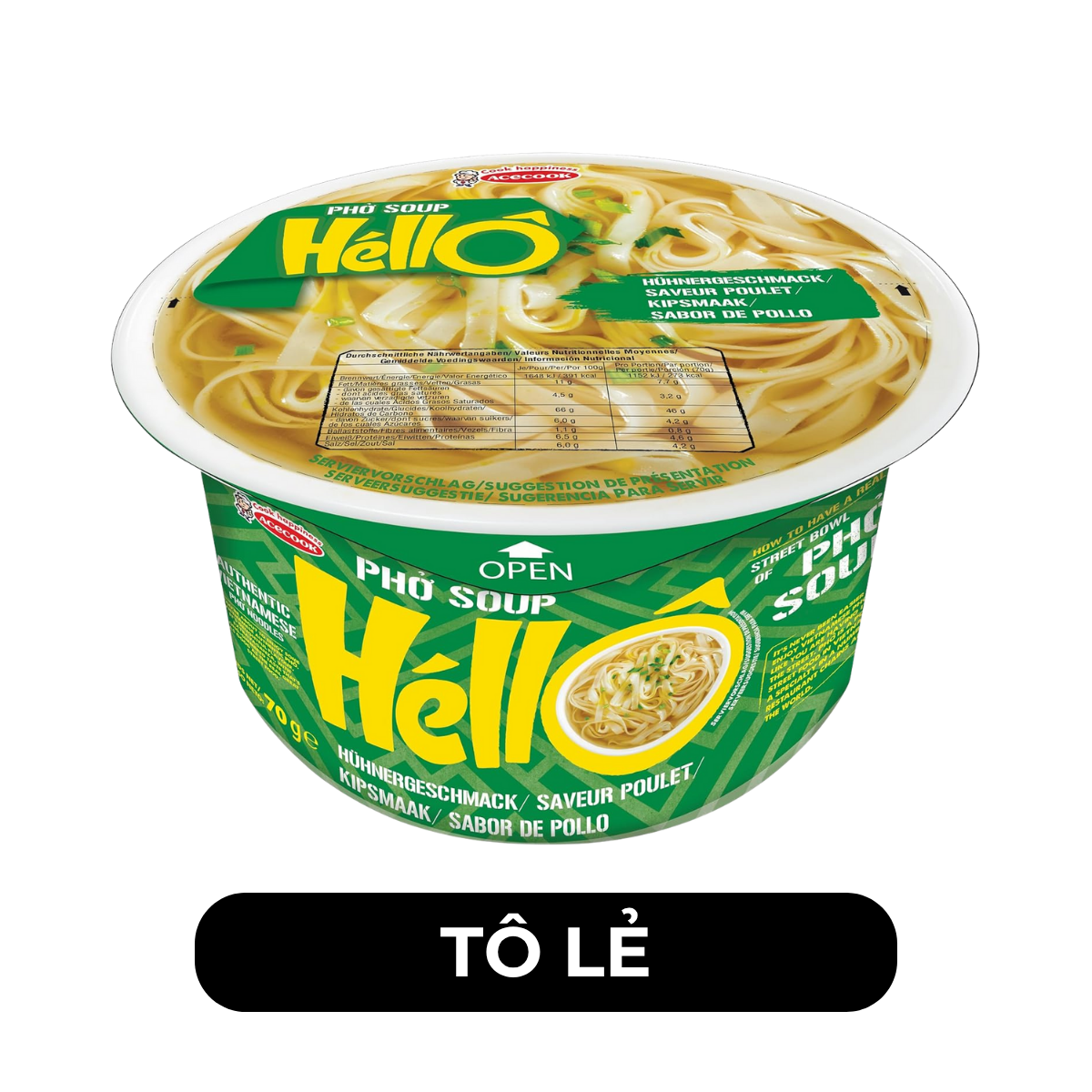 ACECOOK - Phở tô Soup Héllô hương vị Gà, Phở gà tô Soup Hello ăn liền, Phở gà ăn liền, Phở thịt gà tô - 70g/tô - 00708