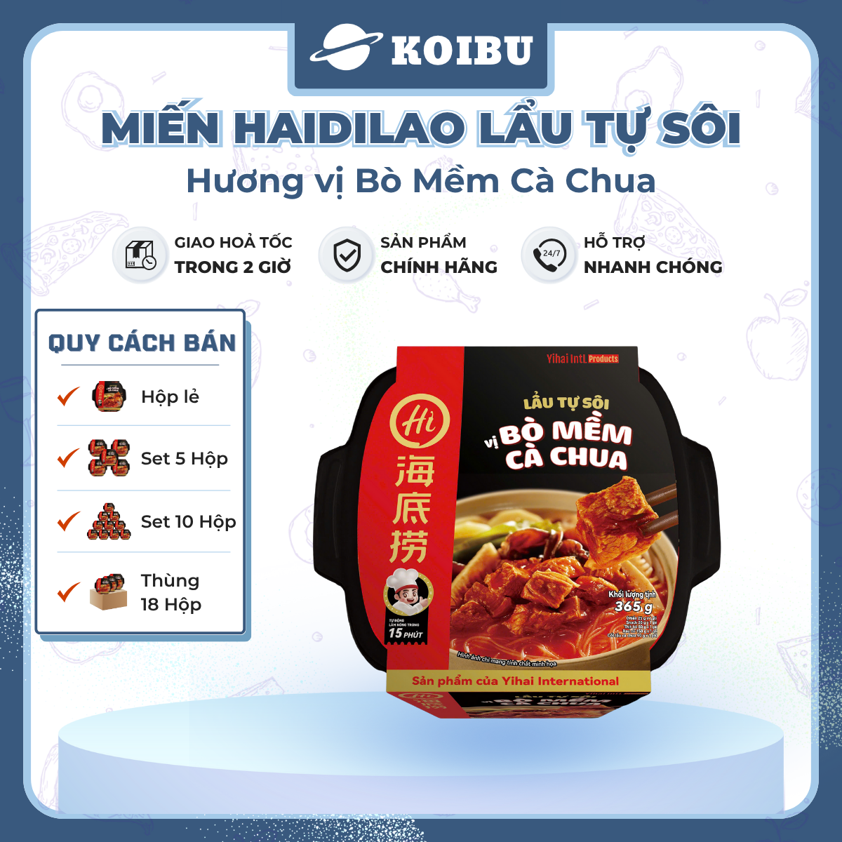 YIHAI - Lẩu tự sôi Haidilao hương vị Bò mềm cà chua, Lẩu tự sôi Hadilao bò mềm cà chua ăn liền - 365g/hộp - 00787