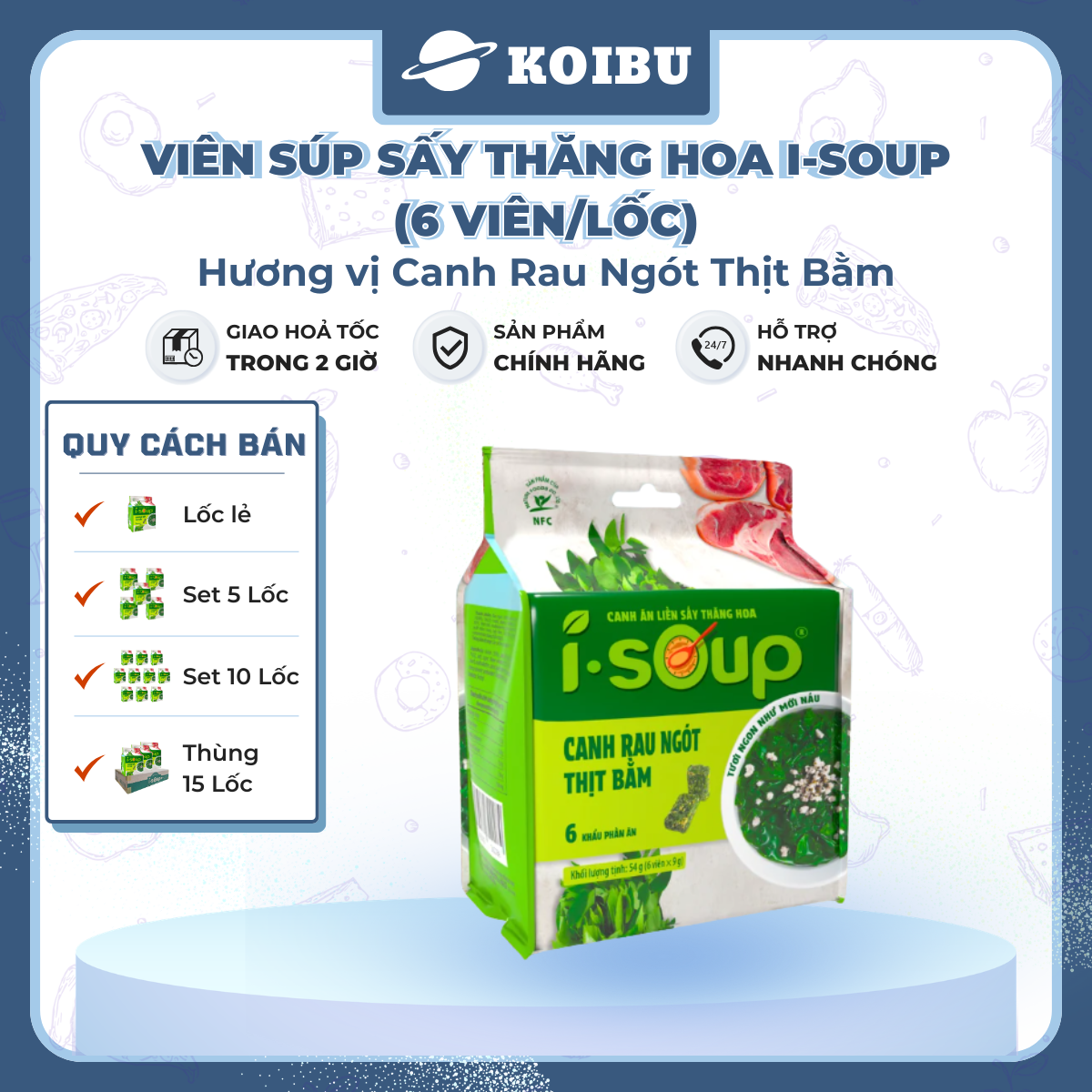 NFC - Viên súp sấy thăng hoa I-Soup hương vị Canh rau ngót thịt bằm, Canh rau ngót thịt bằm I Soup - 54g/lốc - 00727