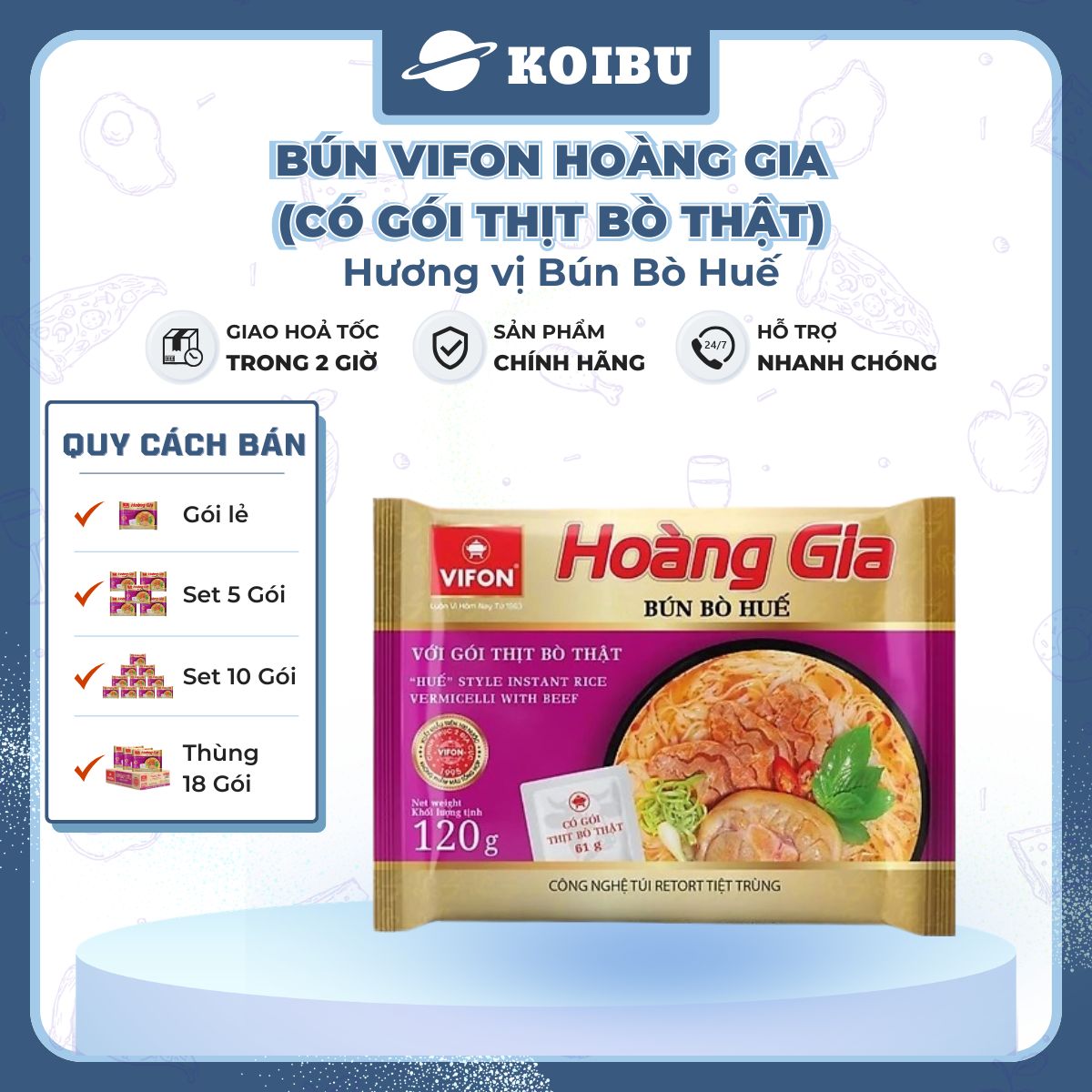 VIFON - Bún Hoàng Gia hương vị Bún Bò Huế (có thịt thật) - Bún Bò Huế ăn liền, Bún Bò Huế Hoàng Gia - 120g/gói - 00147