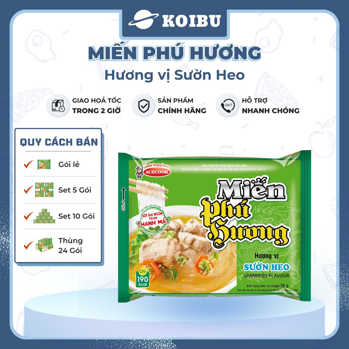 ACECOOK - Miến Phú Hương hương vị Sườn Heo Miến Phú Hương Sườn Heo, Miến Sườn Heo Phú Hương - Miến ăn liền Phú Hương, Miến ăn liền Acecook - 55g/gói - 00064