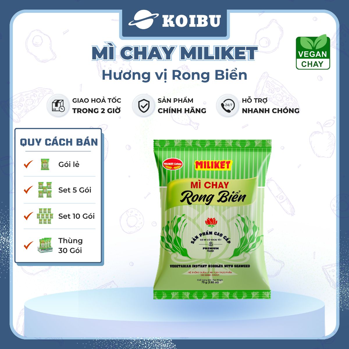 COLUSA - Mì chay Miliket hương vị Rong biển, Mì chay rong biển Miliket, Mì Miliket chay rong biển - 75g/gói - 00585