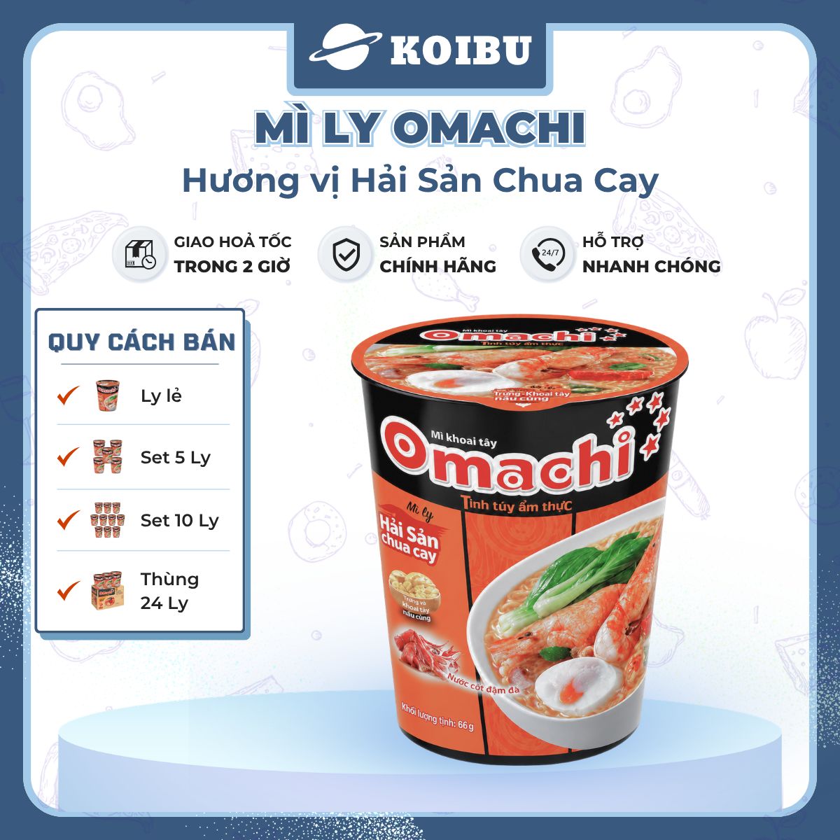 MASAN - Mì ly khoai tây OMACHI KHÔNG THỊT vị Hải sản Chua Cay, mì ly Omachi ăn liền, mì hải sản - 66g/ly - 00824