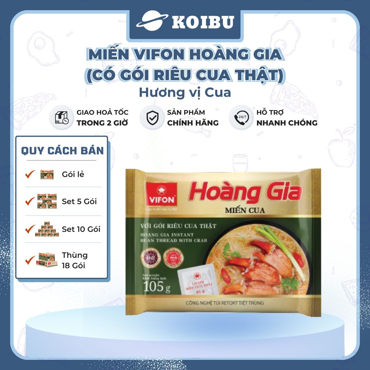 VIFON - Miến Hoàng Gia hương vị Cua (có gói riêu cua thật), Miến cua Hoàng Gia, Miến cua Vifon - 105g/gói - 00184
