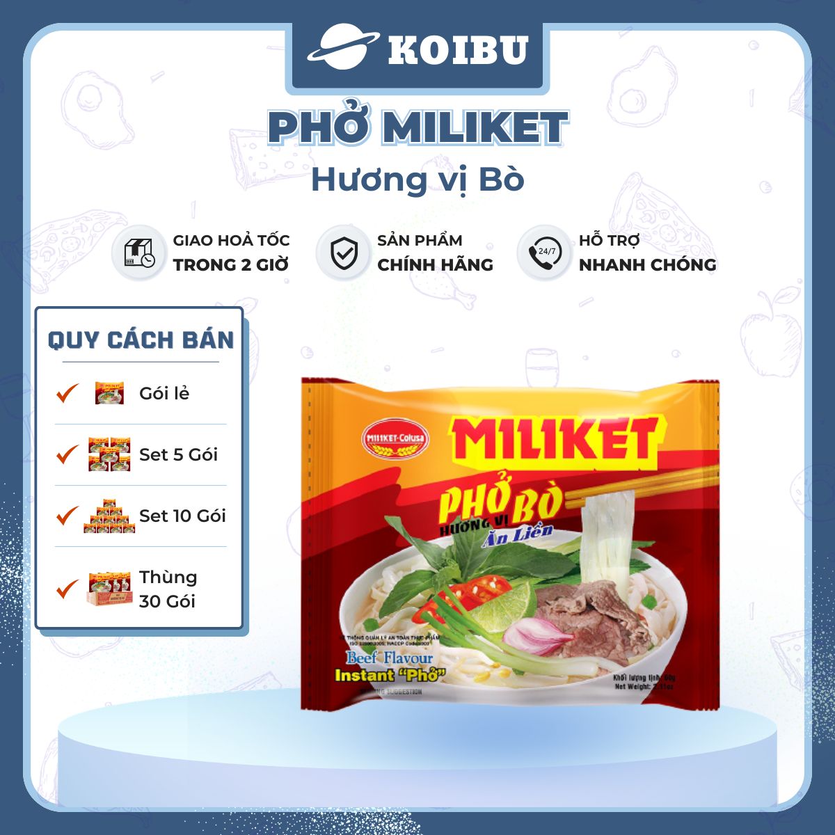 COLUSA - Phở Bò Miliket, Phở Miliket bò, Phở bò gói Miliket, Phở bò ăn liền, Phở vị bò Miliket - 60g/gói - 00098