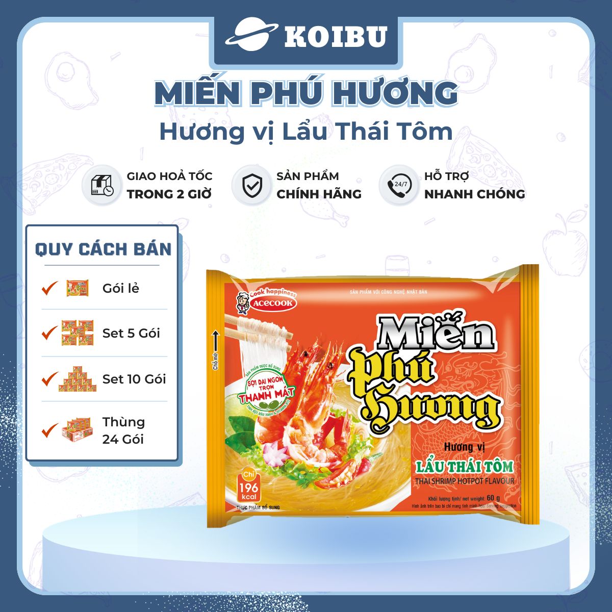 ACECOOK - Miến Phú Hương hương vị Lẩu Thái Tôm Miến Phú Hương Lẩu Thái Tôm, Miến Lẩu Thái Phú Hương - Miến ăn liền Acecook - 60g/gói - 00065