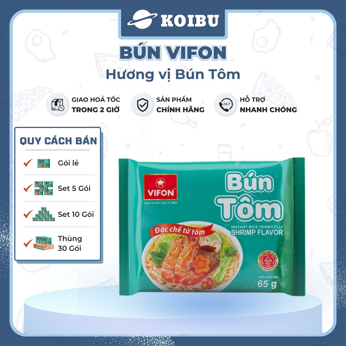 VIFON - Bún Vifon hương vị Bún tôm, Bún tôm Vifon, Bún Vifon bún tôm, Bún tôm ăn liền Vifon gói - 65g/gói - 00144