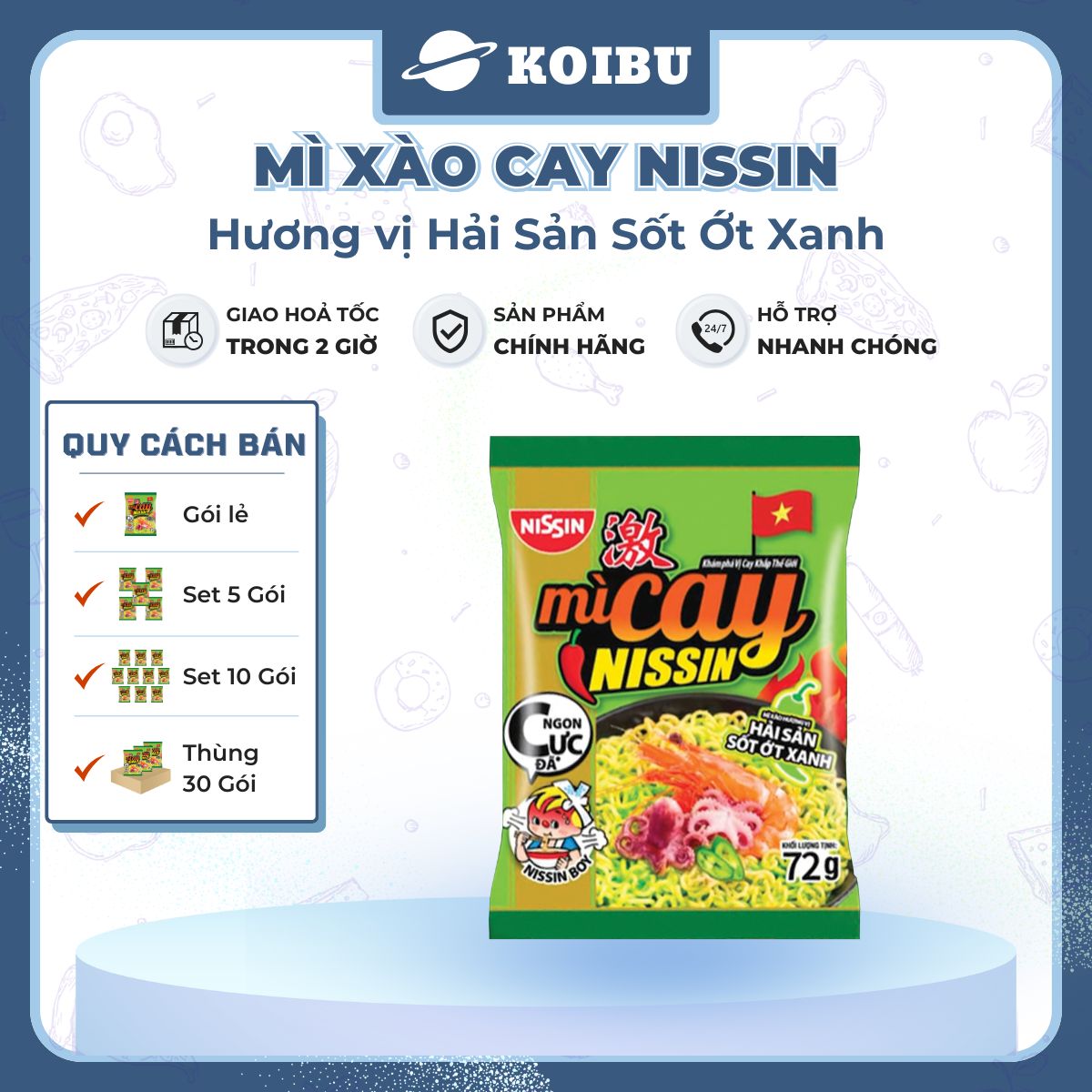 NISSIN - Mì xào cay Nissin hương vị Hải sản sốt ớt xanh, Mì xào hải sản sốt ớt xanh Nissin ăn liền - 72g/gói - 00092