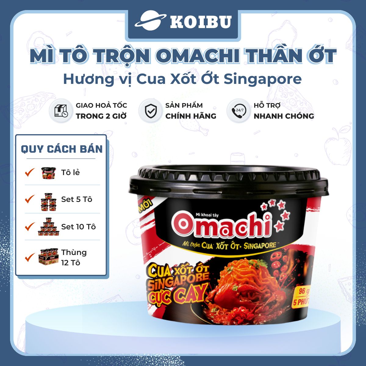 MASAN - Mì tô trộn Omachi Thần Ớt hương vị Cua xốt ớt Singapore, mì Omachi tô trộn cua xốt ớt Singapore - 96g/tô - 00808