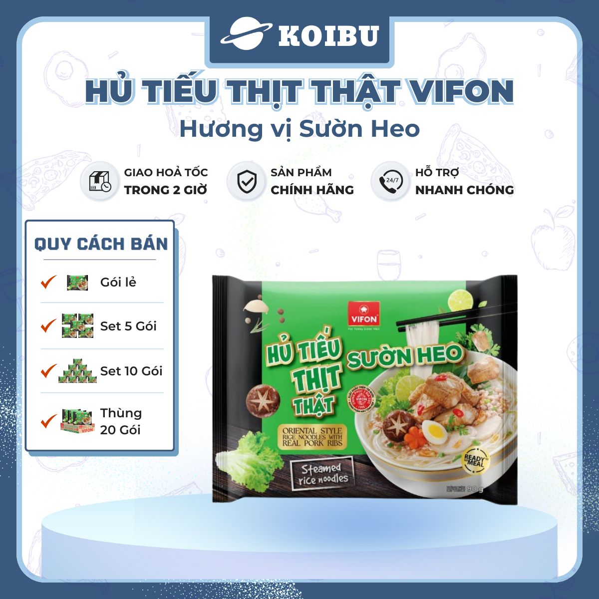 VIFON - Hủ tiếu thịt thật Vifon hương vị Sườn heo (có gói thịt thật), Hủ tíu Sườn heo thịt thật - 90g/gói - 00855