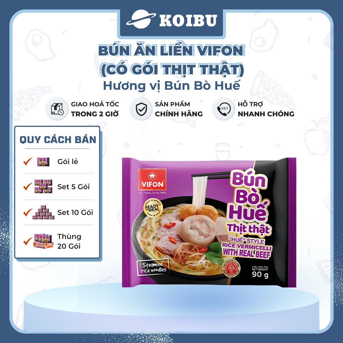 VIFON - Bún Bò Huế Vifon thịt thật, Bún Bò Huế thịt thật Vifon, Bún Bò Huế ăn liền Vifon, Bún Vifon - 90g/gói - 00889