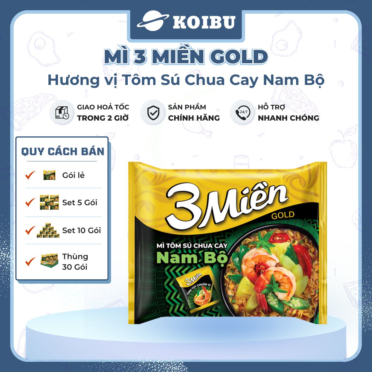 UNIBEN - Mì 3 Miền Gold Tôm sú chua cay Nam bộ, Mì Tôm sú chua cay Nam bộ ăn liền 3 miền Gold - 75g/gói - 00042