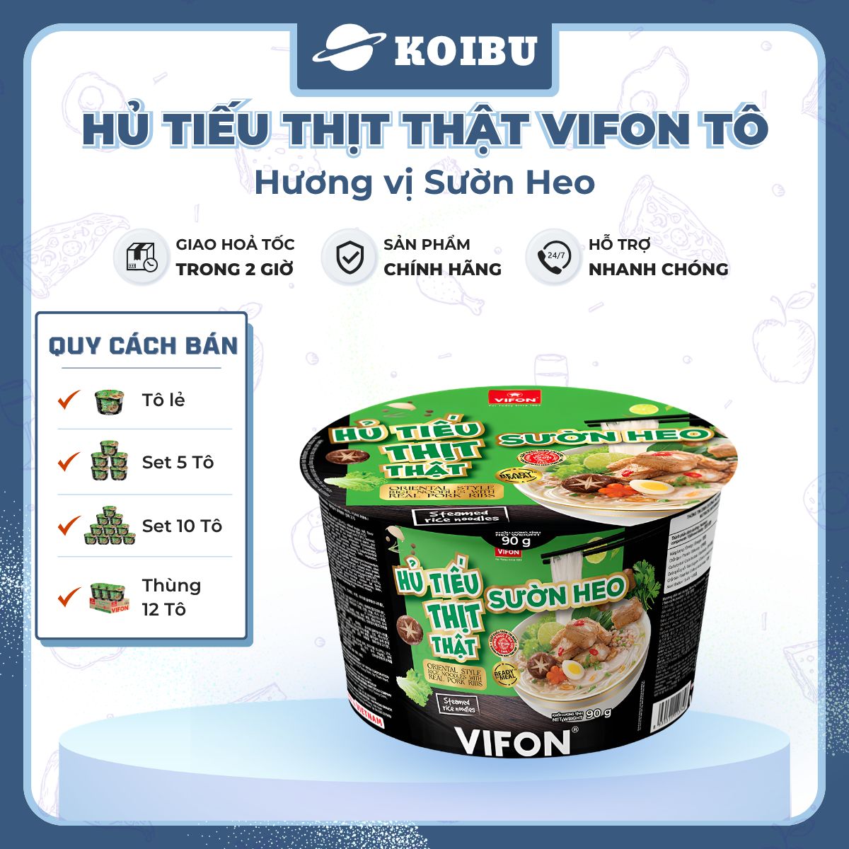 VIFON - Hủ tiếu thịt thật tô Vifon Sườn heo, Hủ tiếu sườn heo thịt thật Vifon tô hủ tiếu ăn liền - 90g/tô - 00415