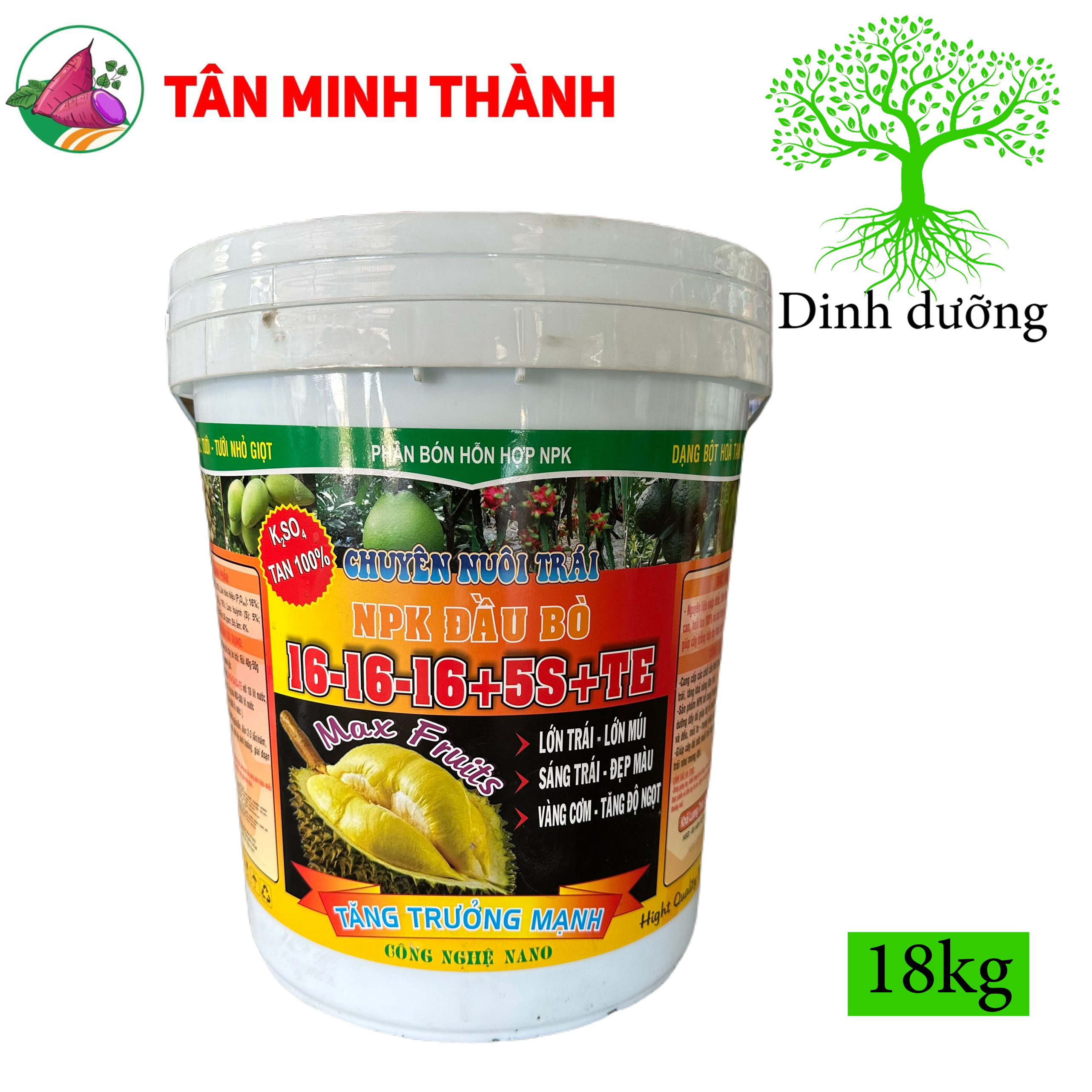 Phân nuôi trái Sâu Riêng 16-16-16-5S+TE -  Lớn trái, lớn múi, sáng trái, đẹp màu, vàng cơm, tăng độ ngọt