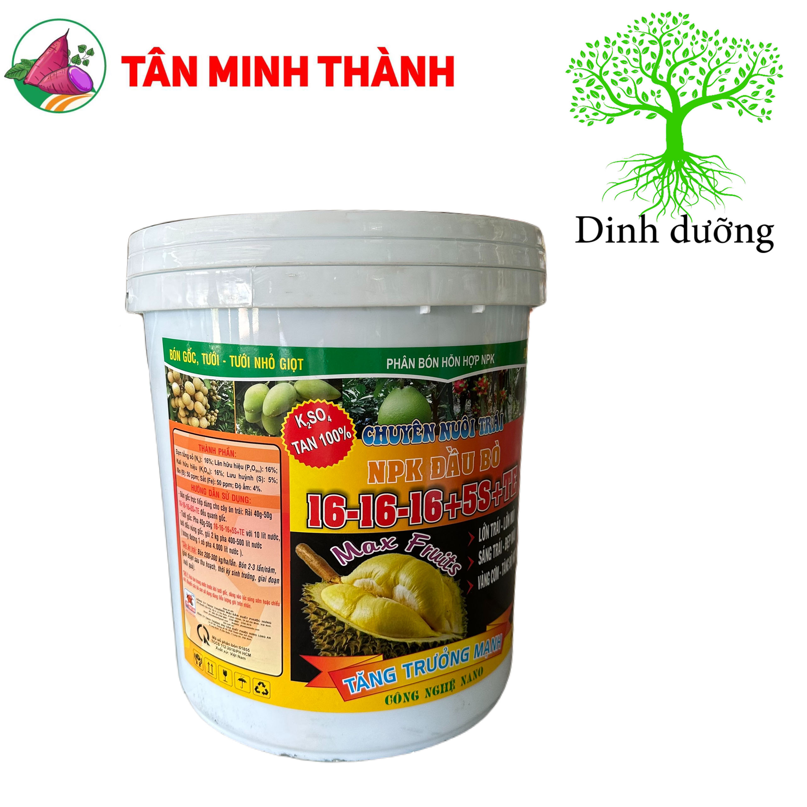 Phân nuôi trái Sâu Riêng 16-16-16-5S+TE -  Lớn trái, lớn múi, sáng trái, đẹp màu, vàng cơm, tăng độ ngọt
