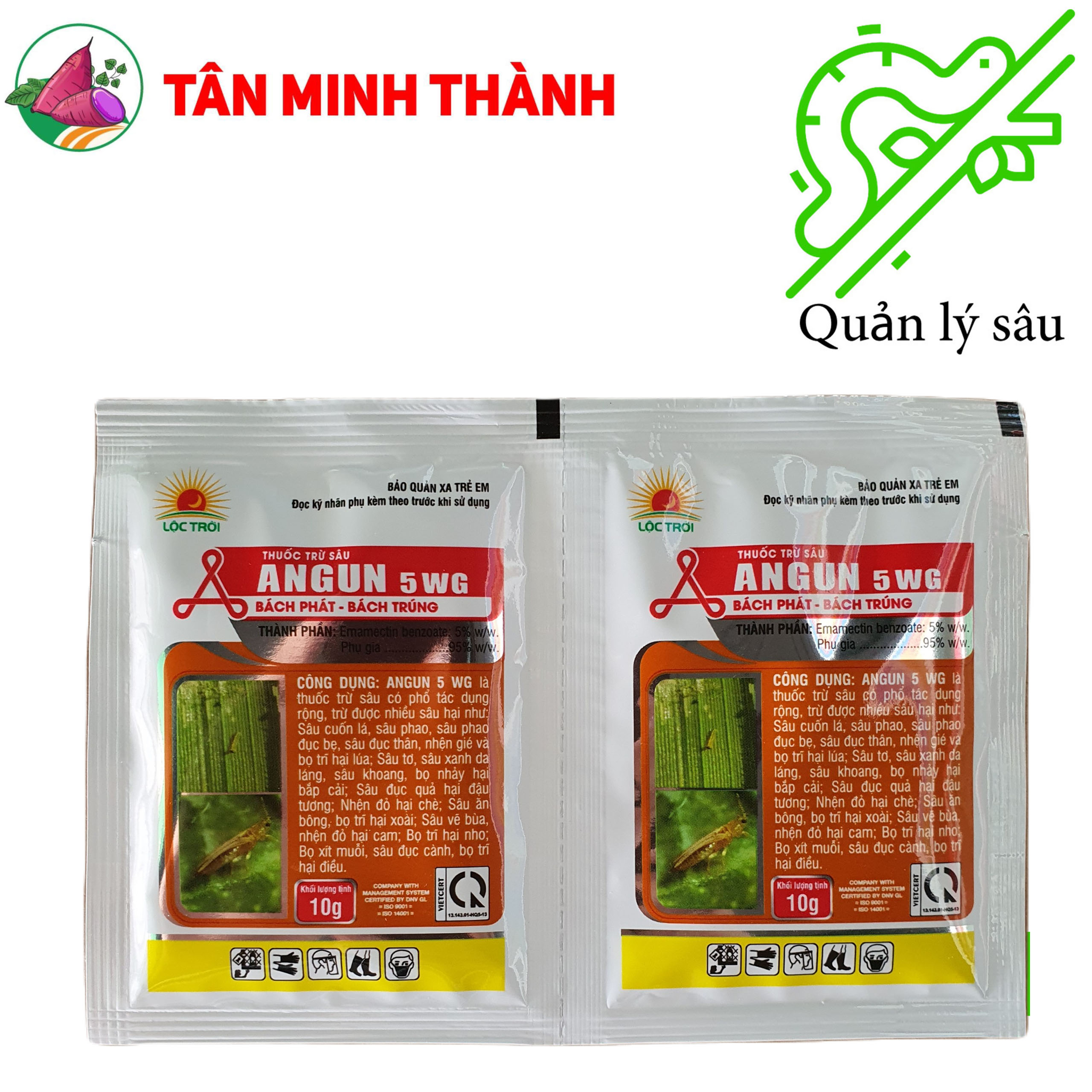 Angun 5WG - Thuốc trừ sâu cuốn lá, nhện gié, bọ trĩ, sâu đục thân, sâu phao, sâu tơ, sâu xanh da láng, sâu khoang, bọ nhảy, sâu đục quả, nhện đỏ, bọ xít