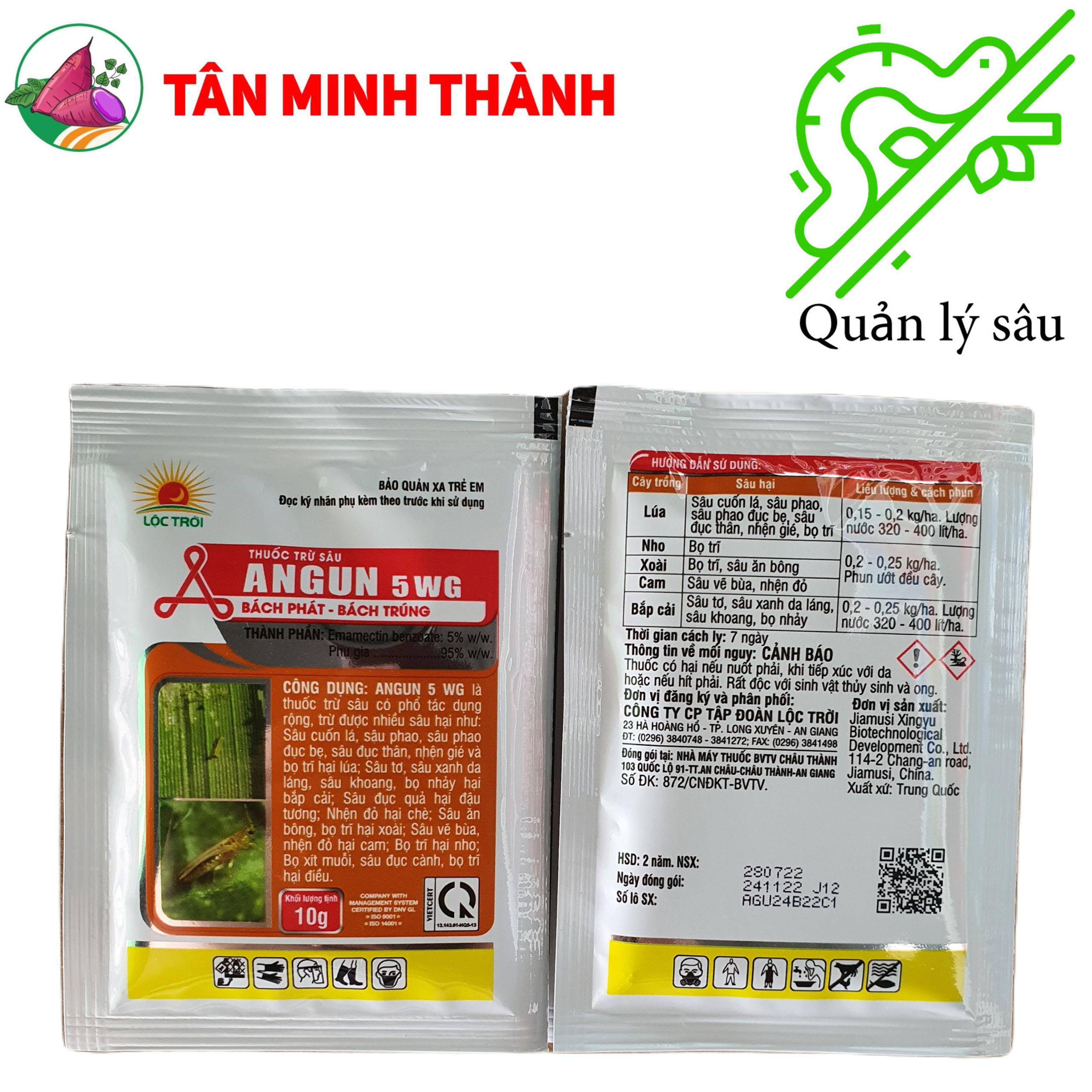 Angun 5WG - Thuốc trừ sâu cuốn lá, nhện gié, bọ trĩ, sâu đục thân, sâu phao, sâu tơ, sâu xanh da láng, sâu khoang, bọ nhảy, sâu đục quả, nhện đỏ, bọ xít