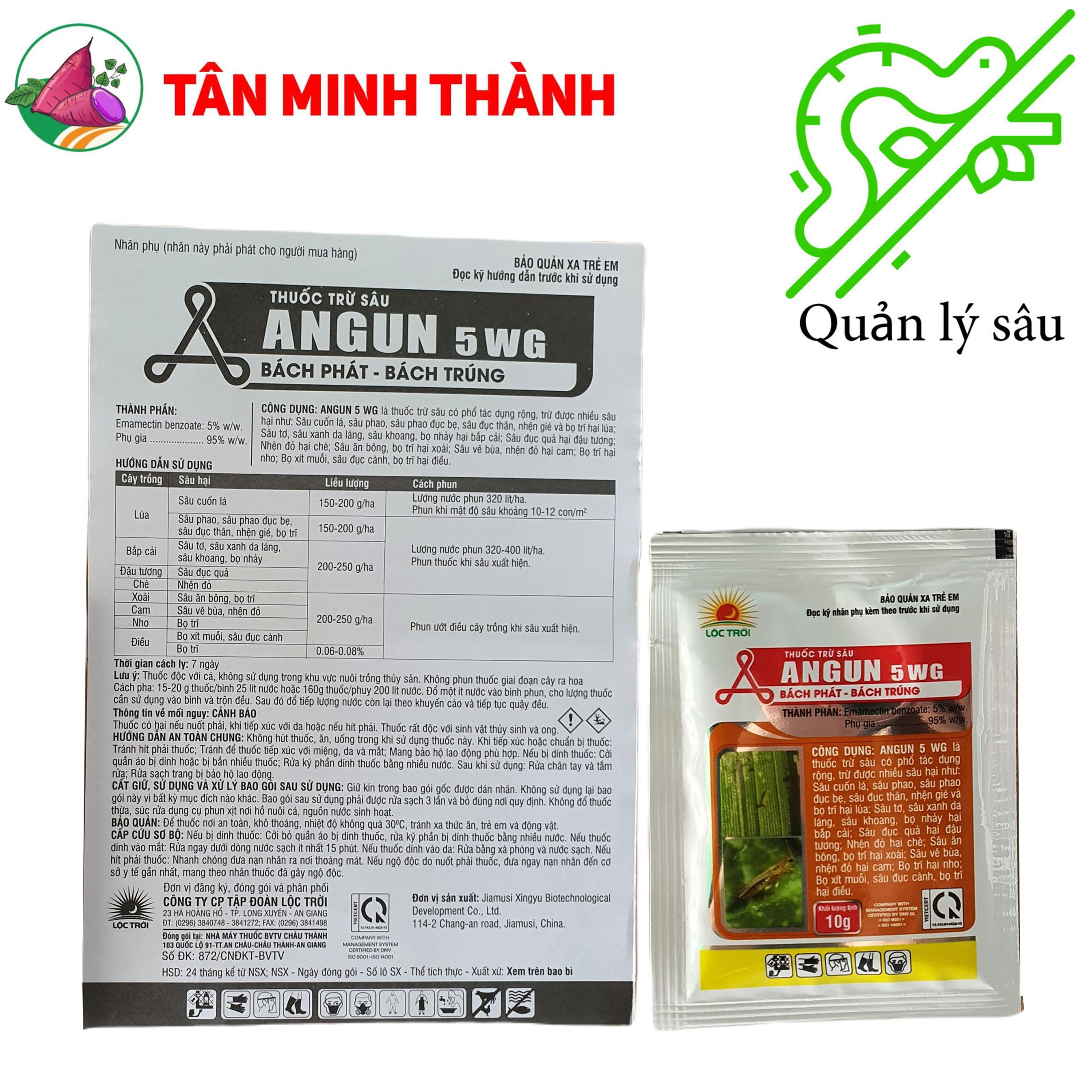 Angun 5WG - Thuốc trừ sâu cuốn lá, nhện gié, bọ trĩ, sâu đục thân, sâu phao, sâu tơ, sâu xanh da láng, sâu khoang, bọ nhảy, sâu đục quả, nhện đỏ, bọ xít