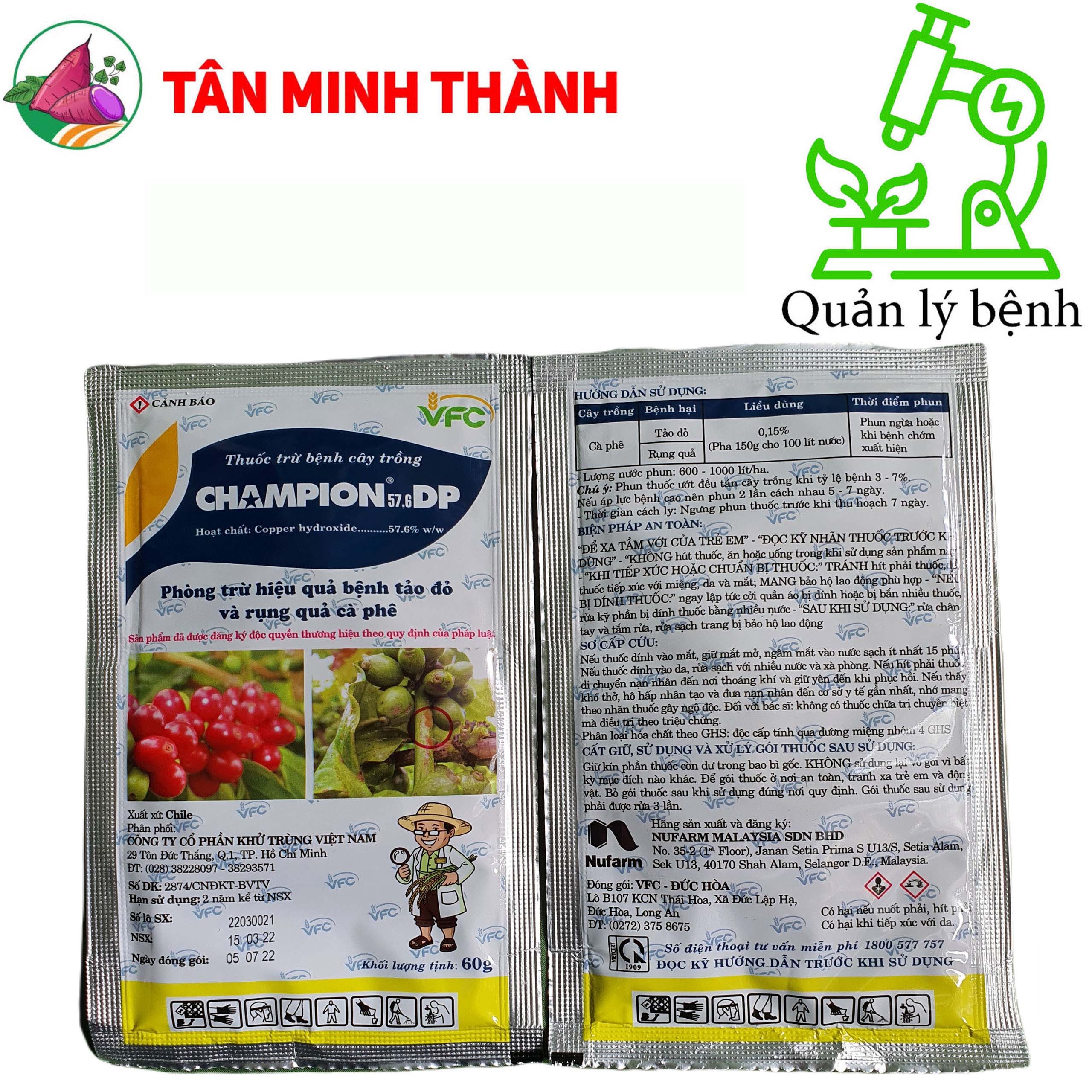Champion VFC 57.6DP - Thuốc đặc trị nấm hồng, héo xanh, tảo đỏ, thối nhũn, vàng lá, loét trái