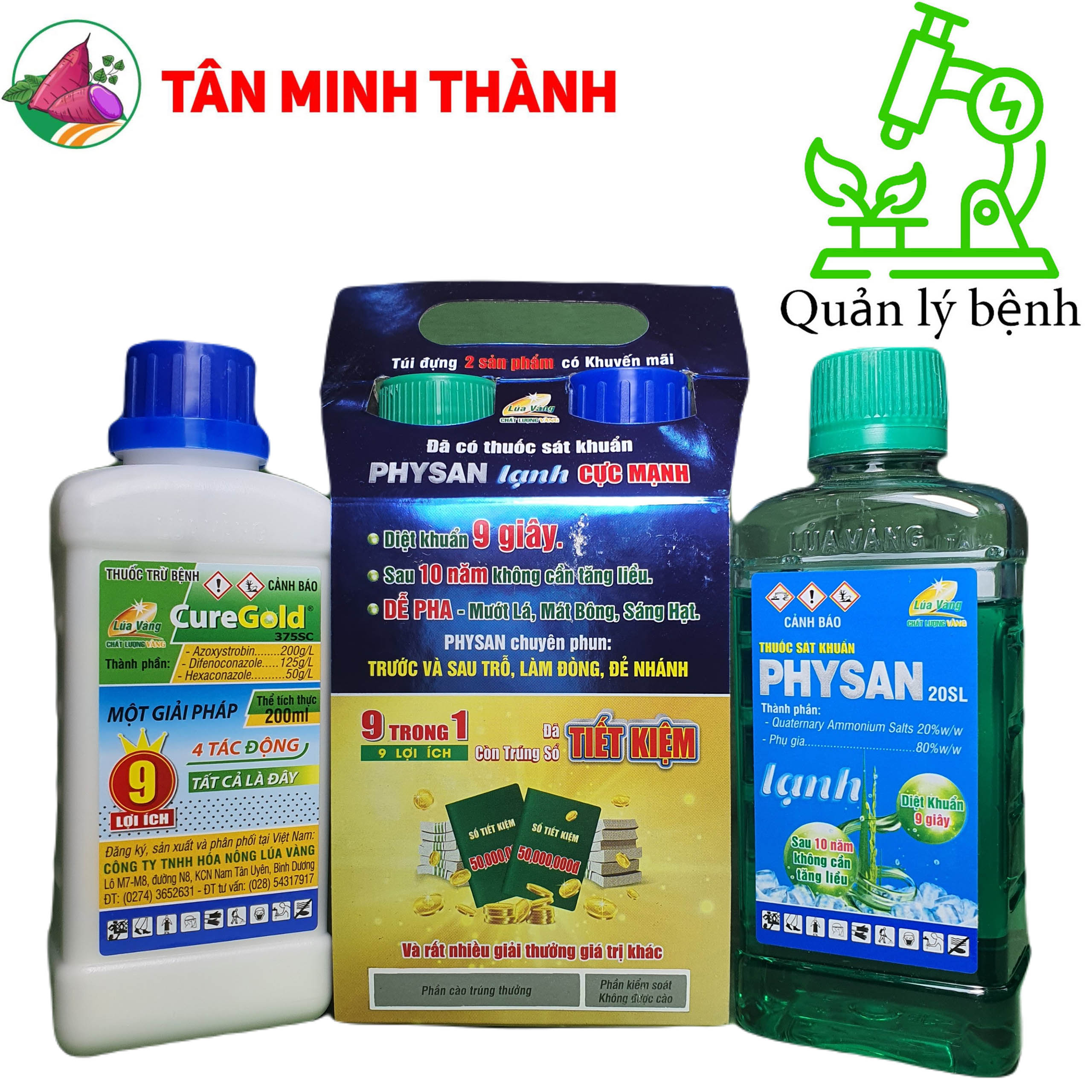 Curegold Physan cặp 9 trong 1 - Thuốc đặc trị đạo ôn, lem lép hạt, vàng lá vi khuẩn, khô vằn, khô cành, thối nhũn