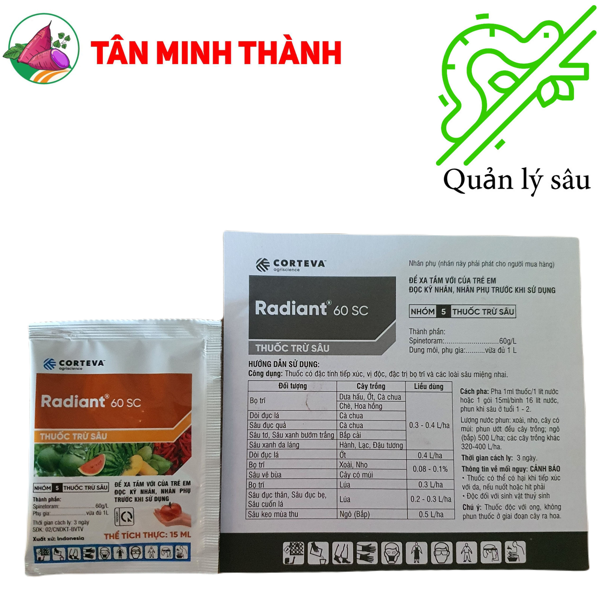 Radiant 60SC - Corteva - Thuốc đặc trị bọ trĩ, dòi đục lá, sâu vẽ bùa, sâu tơ, sâu xanh da láng, sâu đục thân, sâu đục bẹ, sâu cuốn lá, sâu keo mùa thu