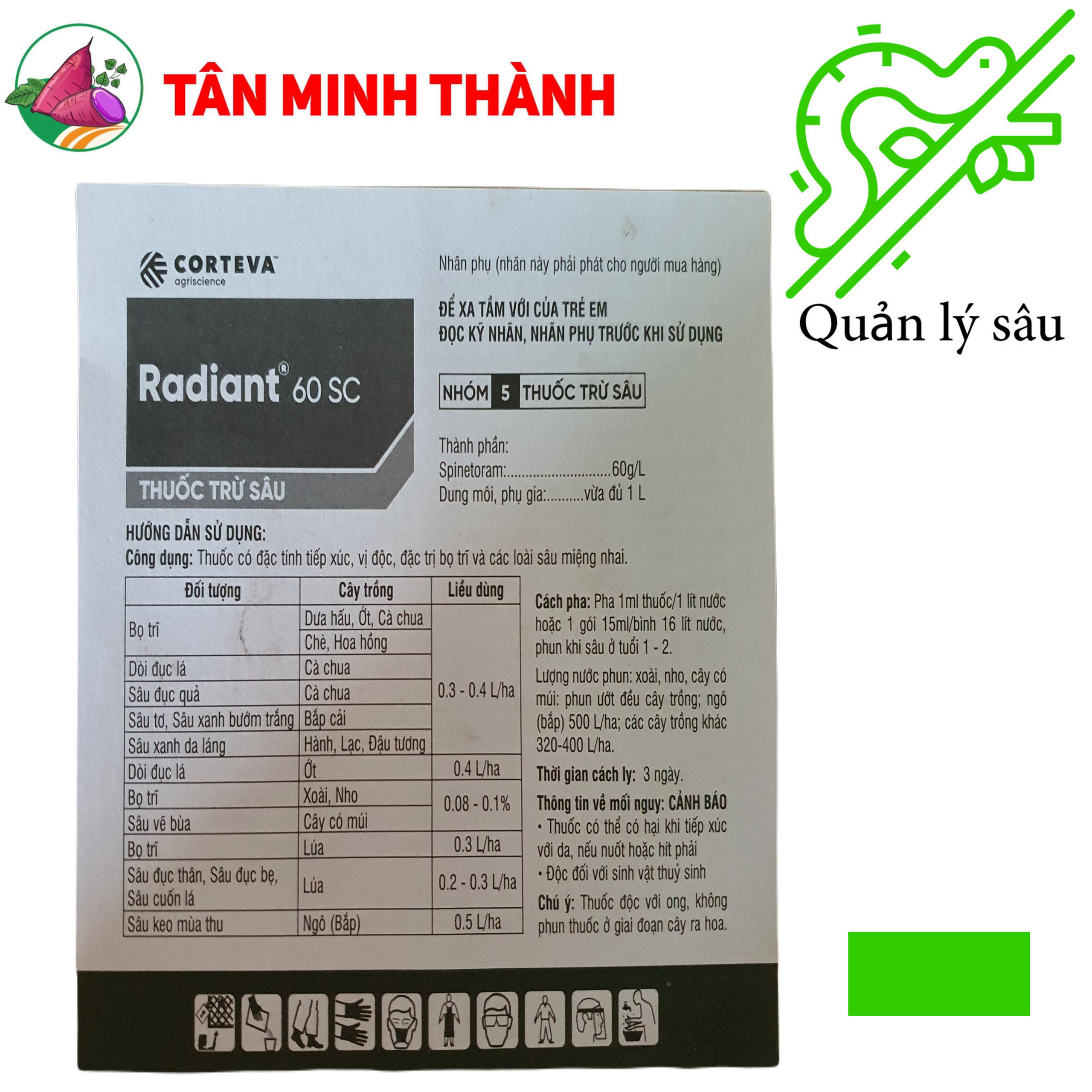 Radiant 60SC - Corteva - Thuốc đặc trị bọ trĩ, dòi đục lá, sâu vẽ bùa, sâu tơ, sâu xanh da láng, sâu đục thân, sâu đục bẹ, sâu cuốn lá, sâu keo mùa thu