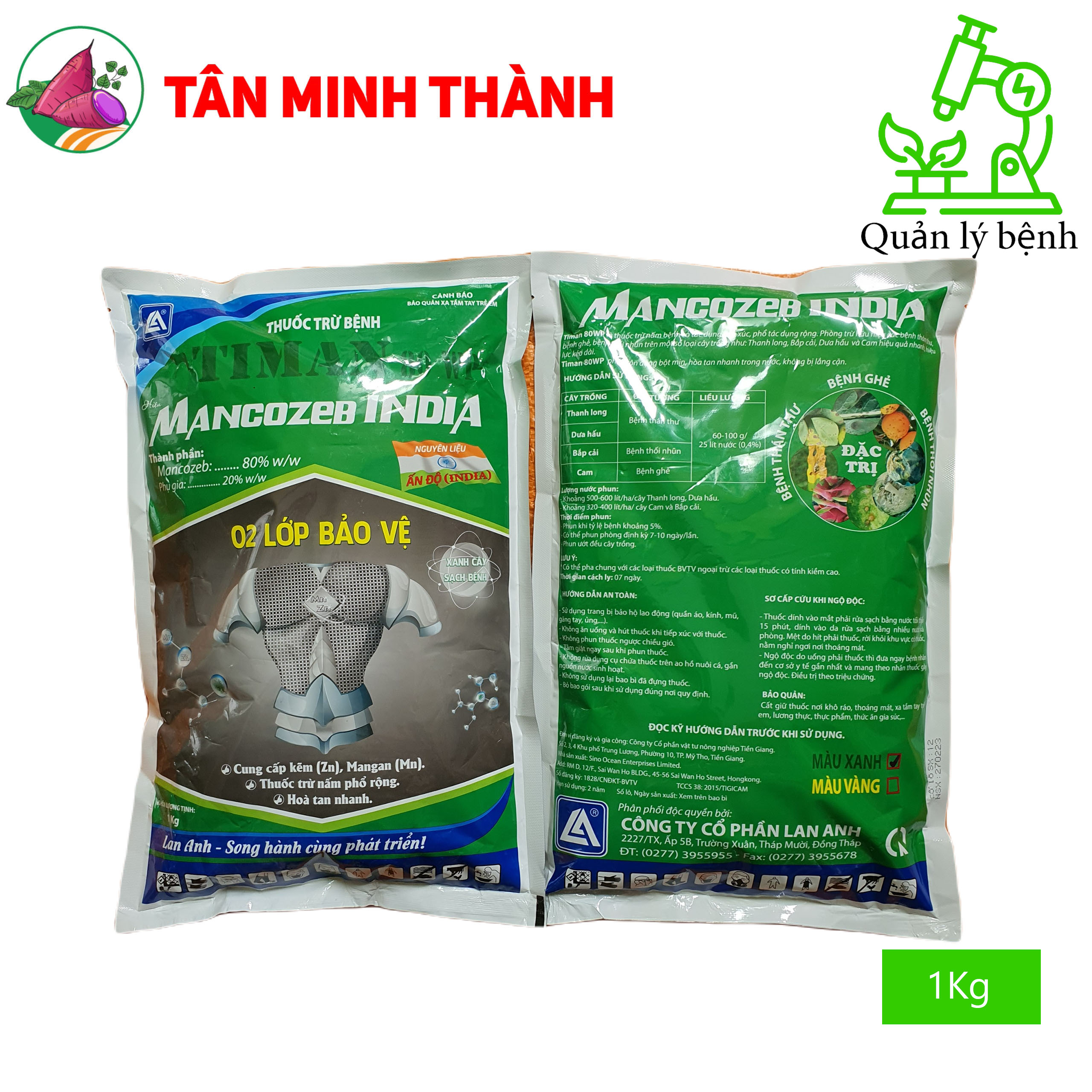 Timan 80WP Mancozeb Xanh Ấn Độ - Thuốc trừ bệnh thán thư, thối nhũn, ghẻ sẹo, thối củ, thối trái