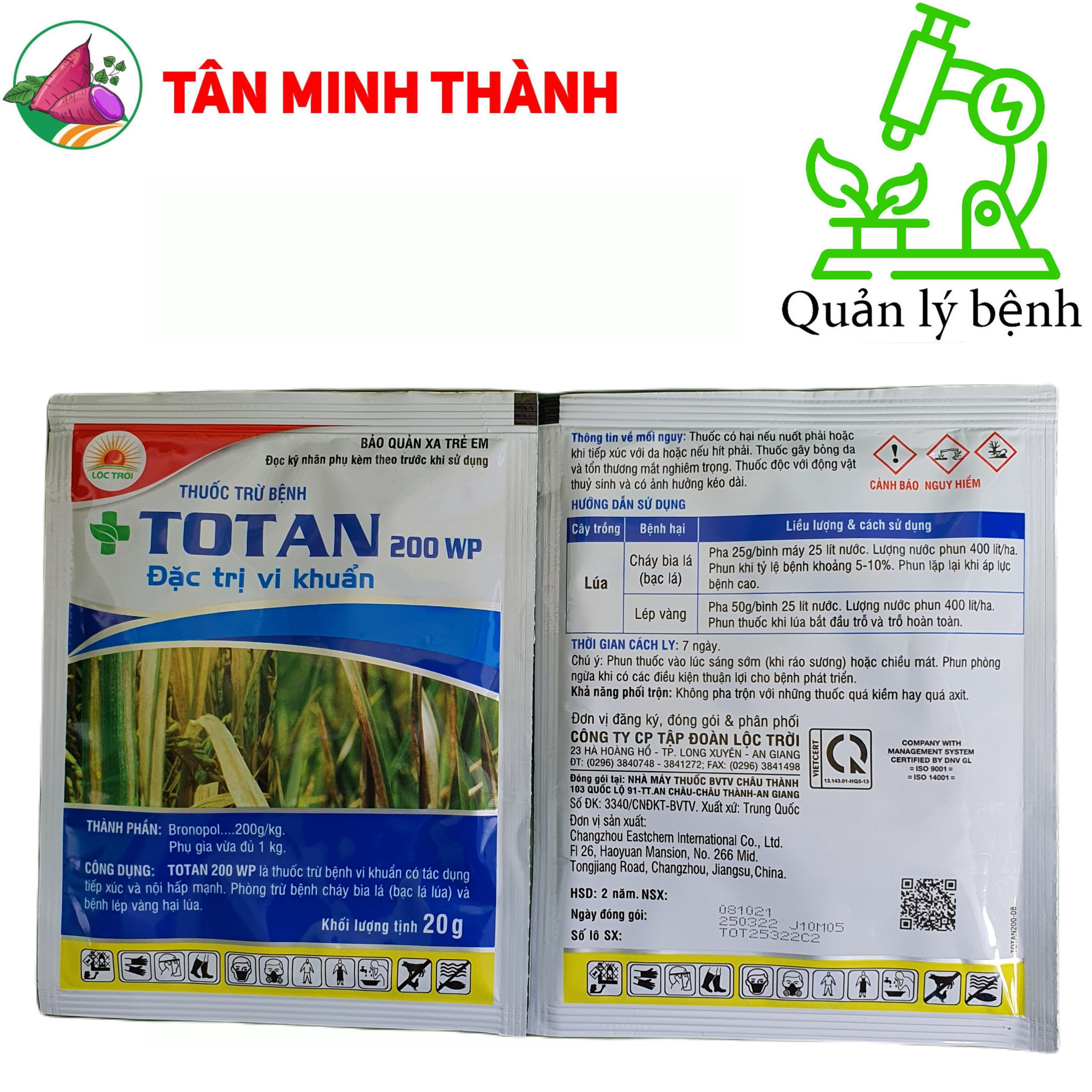 Totan 200WP - Thuốc đặc trị vi khuẩn, thối nhũn, vàng lá, héo xanh, lép vàng, thối trái, đốm lá