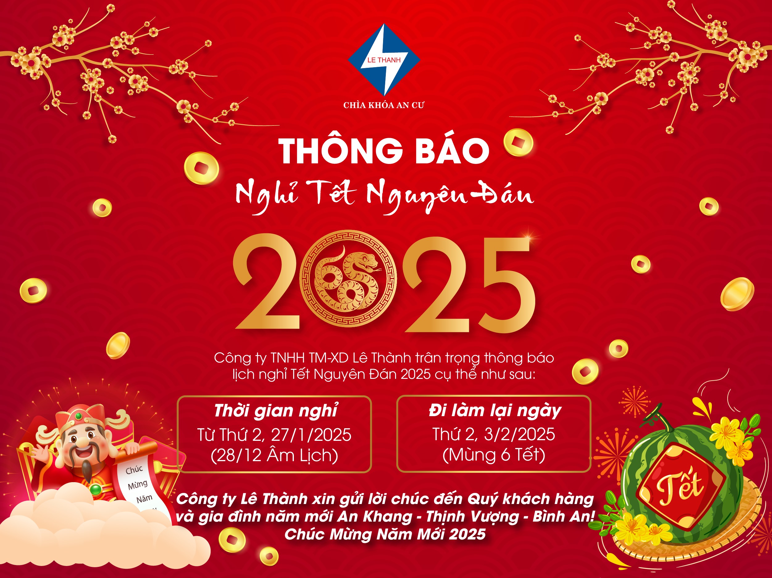THÔNG BÁO LỊCH NGHỈ TẾT NGUYÊN ĐÁN 2025