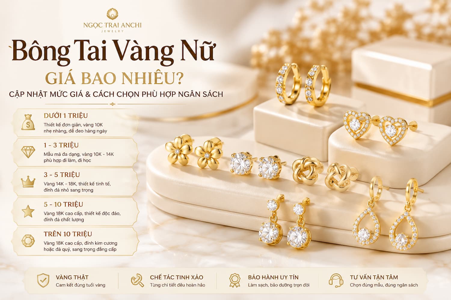 Bông Tai Vàng Nữ Giá Bao Nhiêu? Cập Nhật Mức Giá Và Cách Chọn Phù Hợp Ngân Sách
