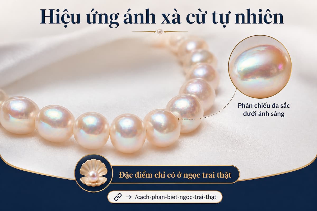 Ánh xà cừ tự nhiên của ngọc trai BTSNT03 phản chiếu đa sắc dưới ánh sáng