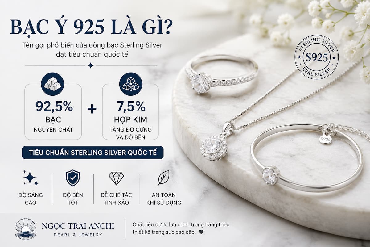 Bạc Ý 925 gồm 92.5 phần trăm bạc nguyên chất và 7.5 phần trăm hợp kim theo tiêu chuẩn Sterling Silver