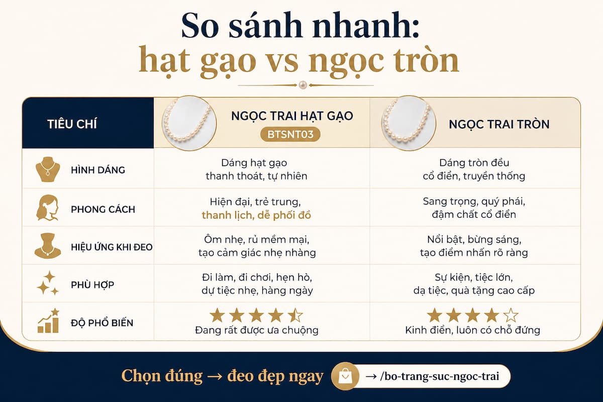 Bảng so sánh ngọc trai hạt gạo BTSNT03 và ngọc trai tròn về phong cách và độ phổ biến