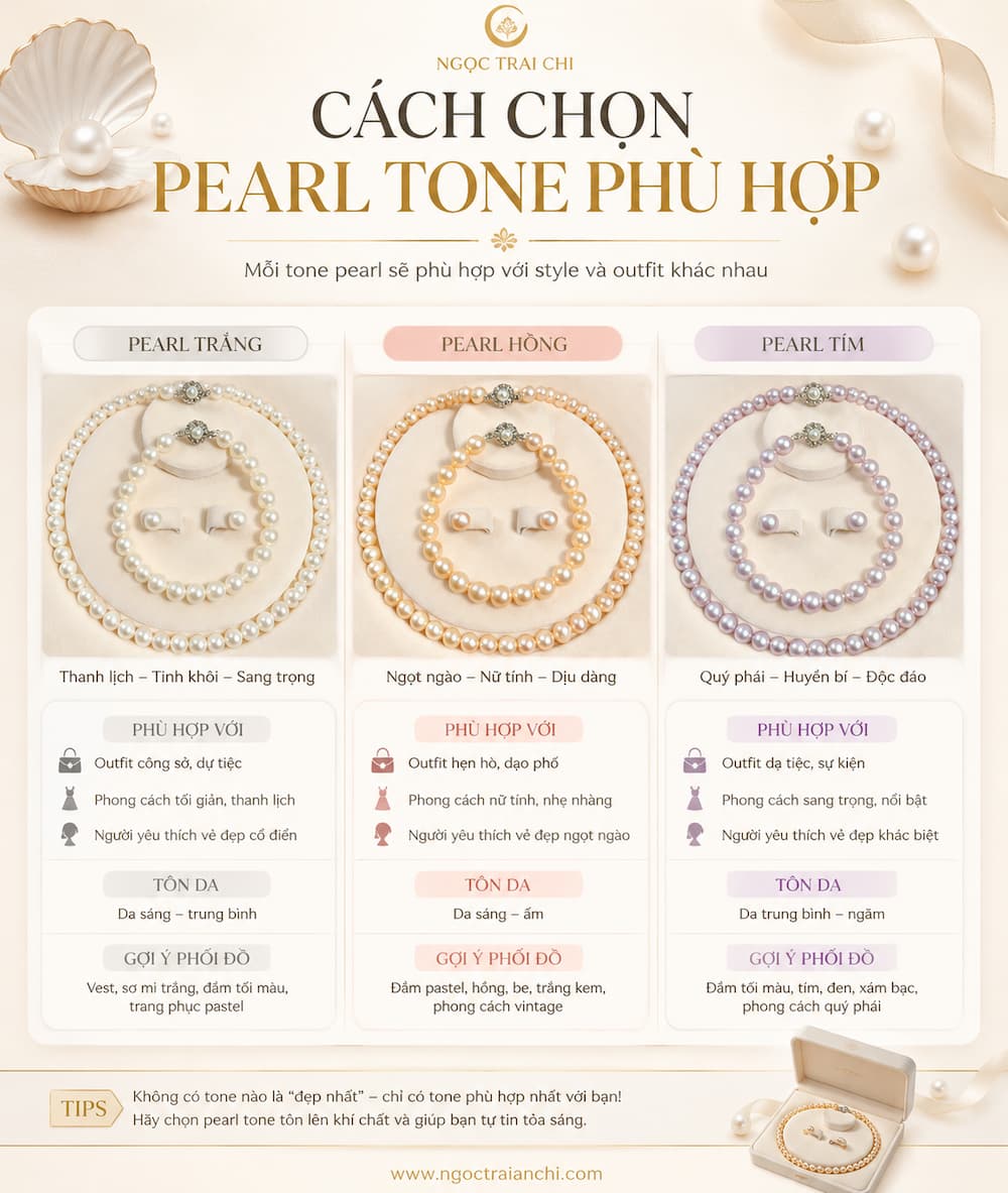 Bảng so sánh pearl trắng pearl hồng và pearl tím trong Bộ Trang Sức Ngọc Trai theo phong cách luxury