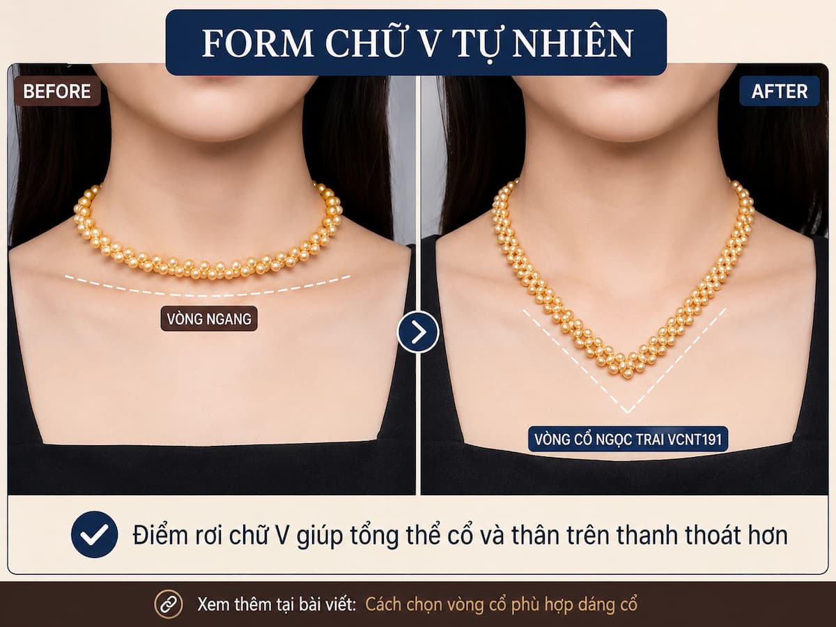 So sánh hiệu ứng cổ khi đeo vòng ngang và vòng cổ ngọc trai VCNT191