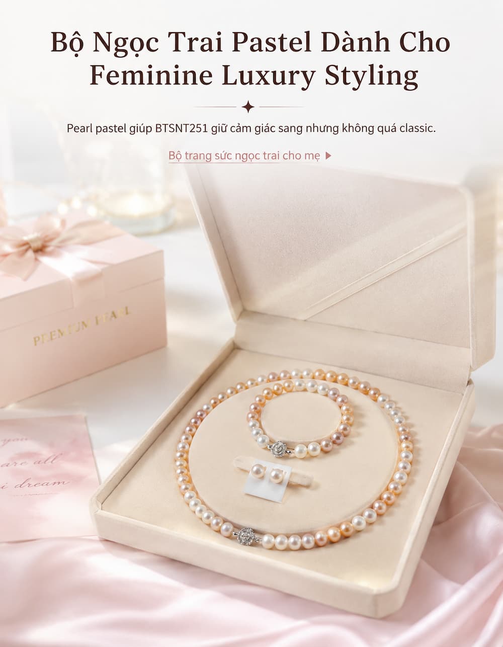 Bộ trang sức ngọc trai BTSNT251 phong cách feminine luxury pastel trẻ trung