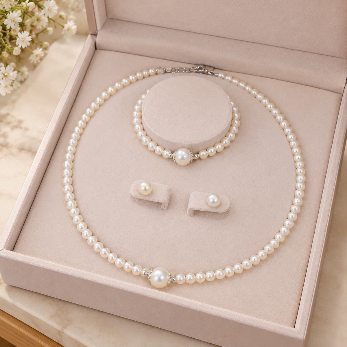 Bộ trang sức ngọc trai BTSNT261 được chuẩn bị trong hộp đựng để minh họa lựa chọn quà tặng cho người yêu thích ngọc trai trắng.