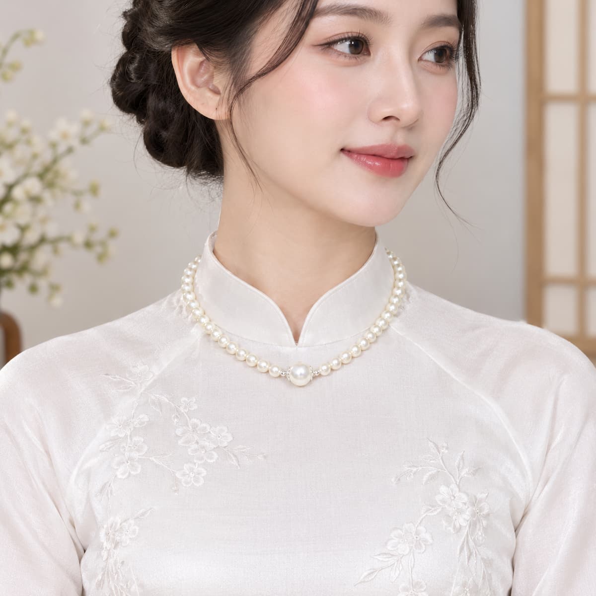 Người mẫu phối vòng cổ ngọc trai BTSNT261 với áo dài có đường cổ phù hợp, thể hiện điểm nhấn ngọc trai trắng ở vùng cổ.