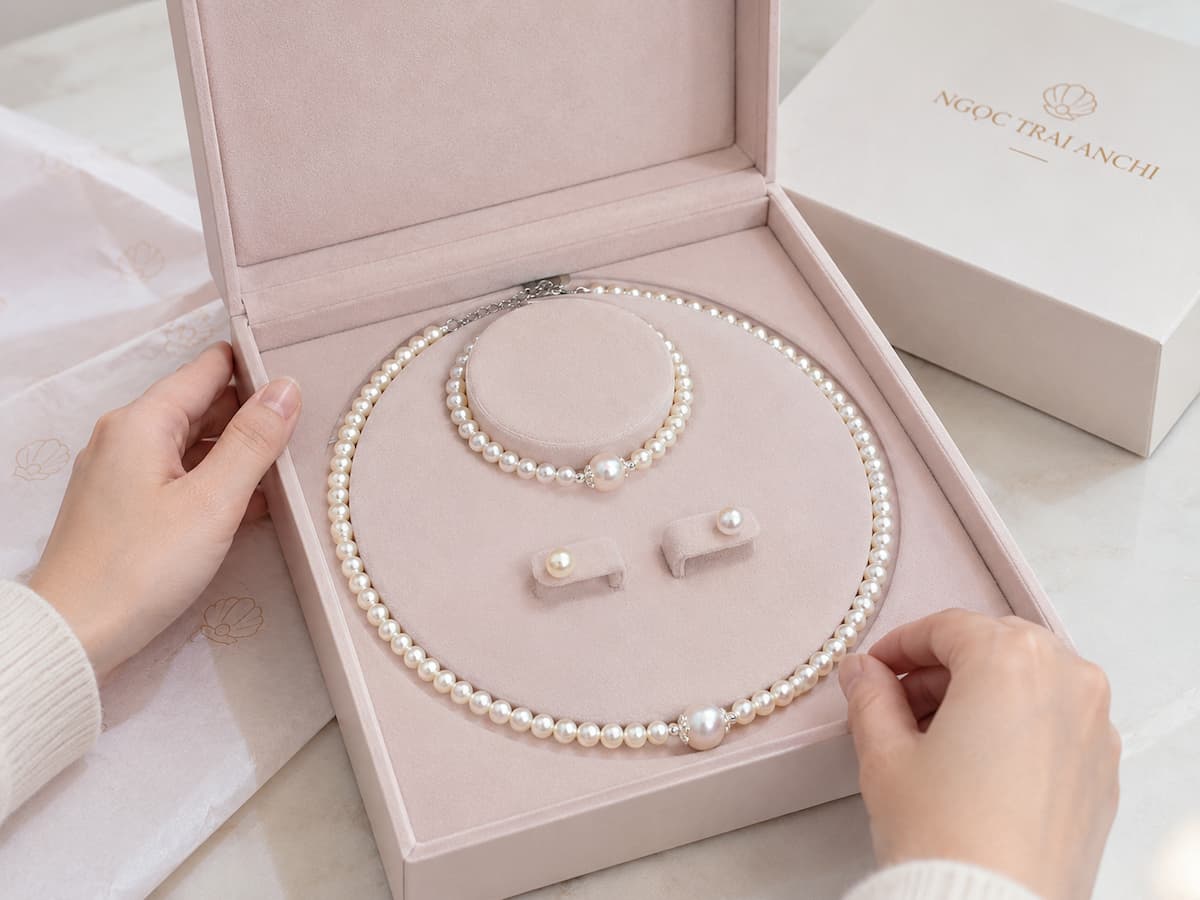Bộ trang sức BTSNT261 gồm vòng cổ, vòng tay và bông tai được sắp xếp trong hộp đựng thực tế trước khi giao.