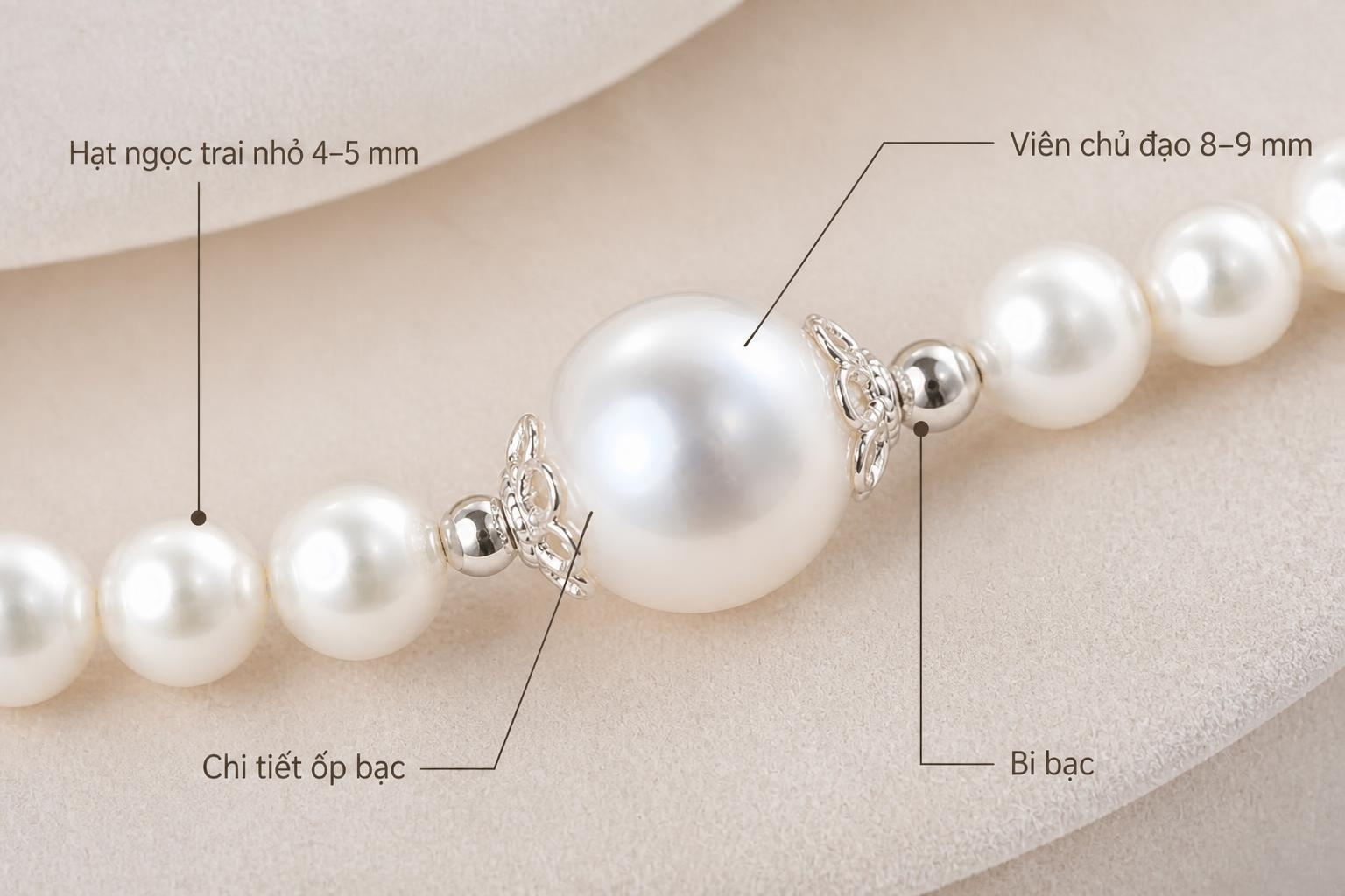 Sơ đồ cấu trúc phối hạt của BTSNT261, phân biệt chuỗi ngọc trai 4–5 mm với viên chủ đạo 8–9 mm và chi tiết bạc.