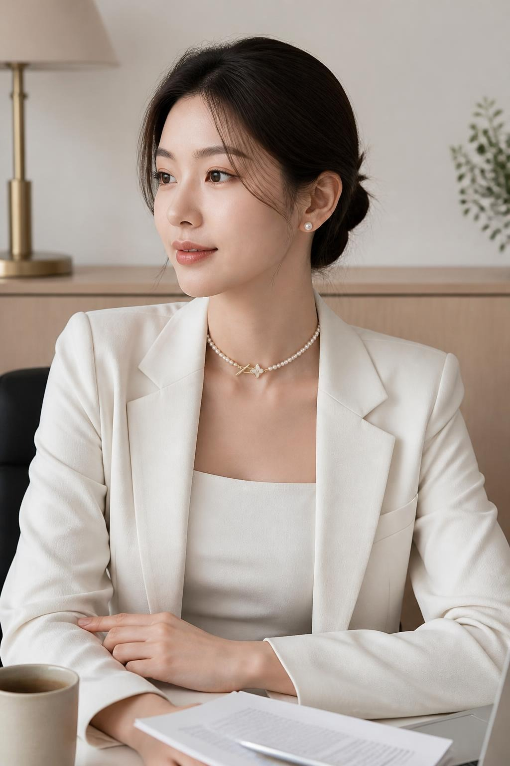 Bộ trang sức ngọc trai BTSNT262 phối cùng áo sơ mi công sở với điểm nhấn choker trắng và khóa ánh vàng