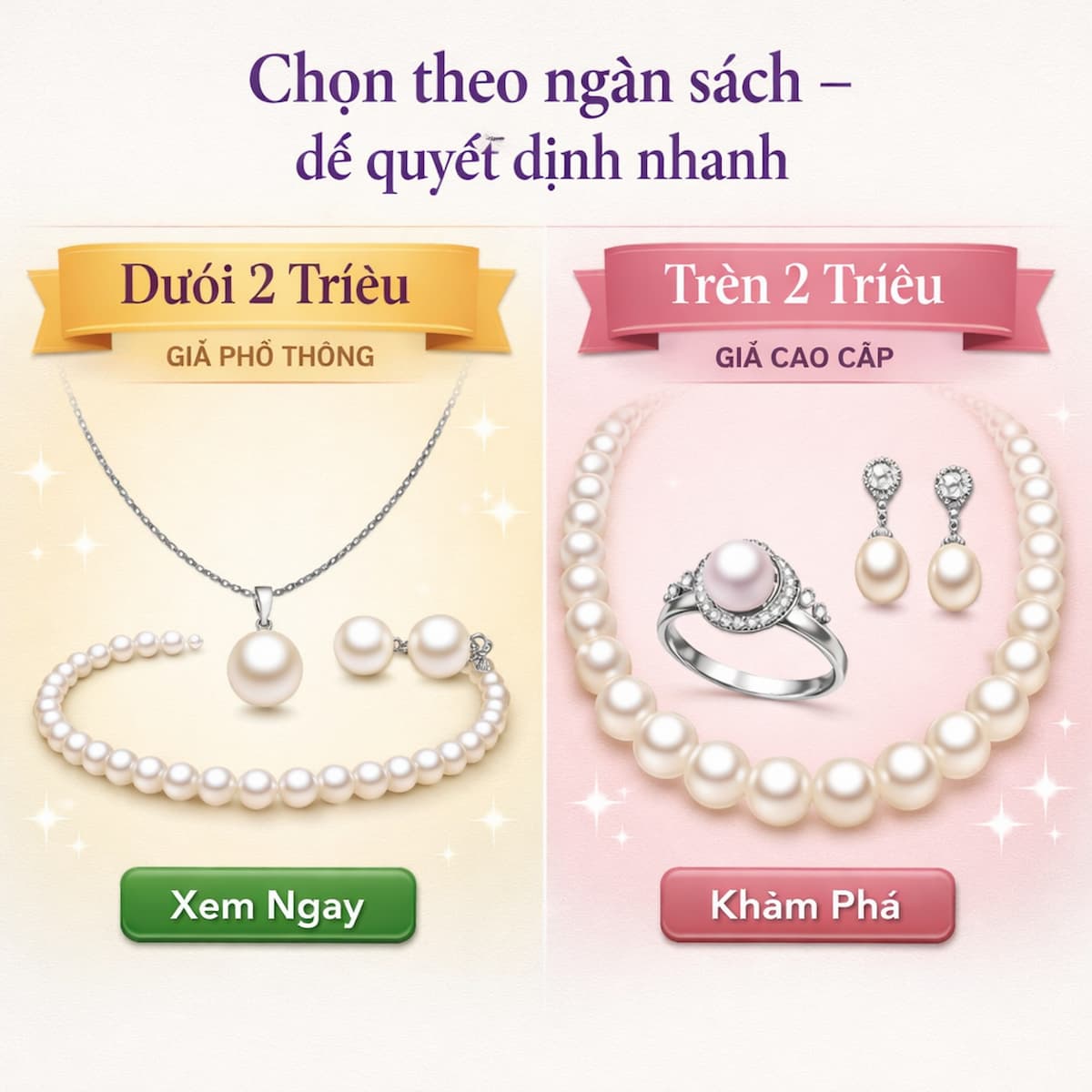 Bộ trang sức ngọc trai cho mẹ phân theo mức giá từ phổ thông đến cao cấp